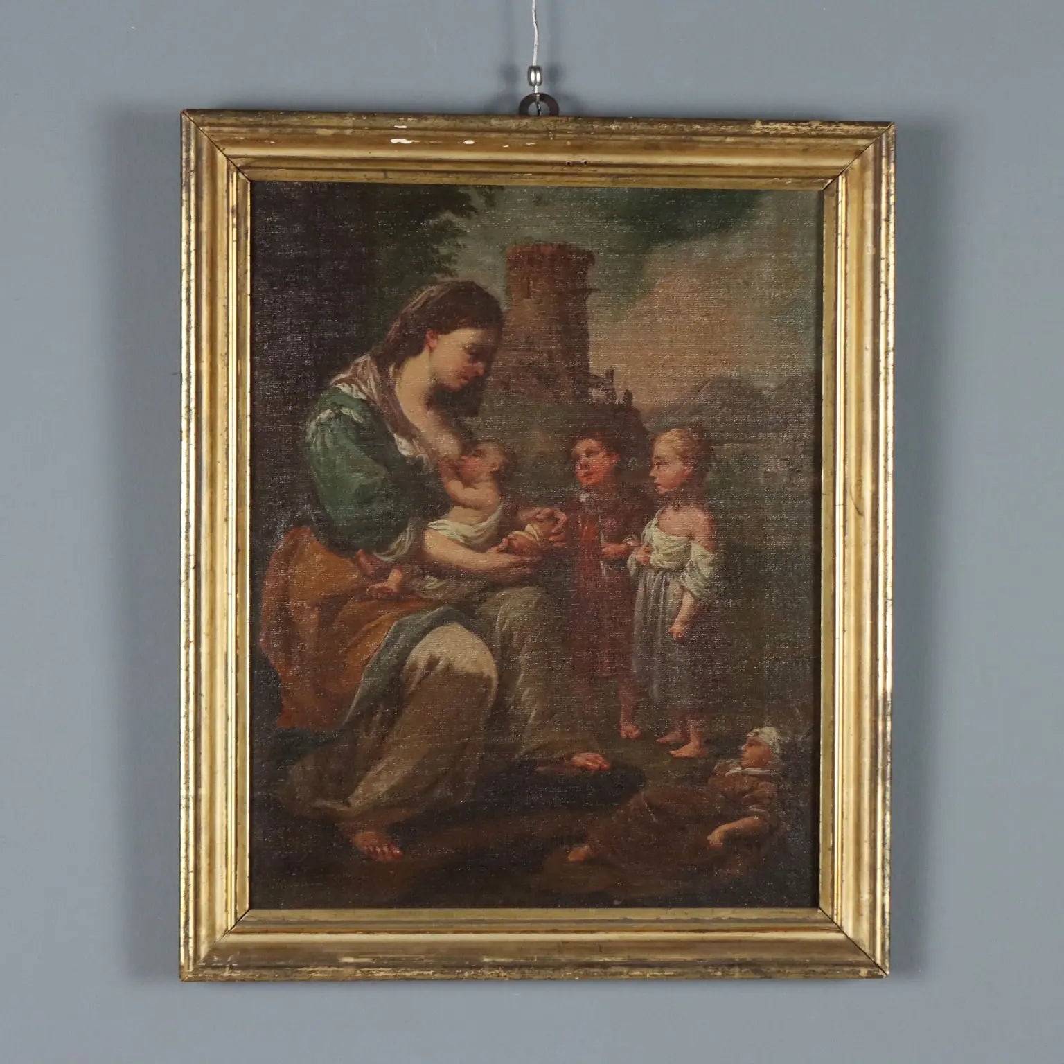 Antique Painting Allegory of Charity Oil on Canvas XVII-XVIII Century