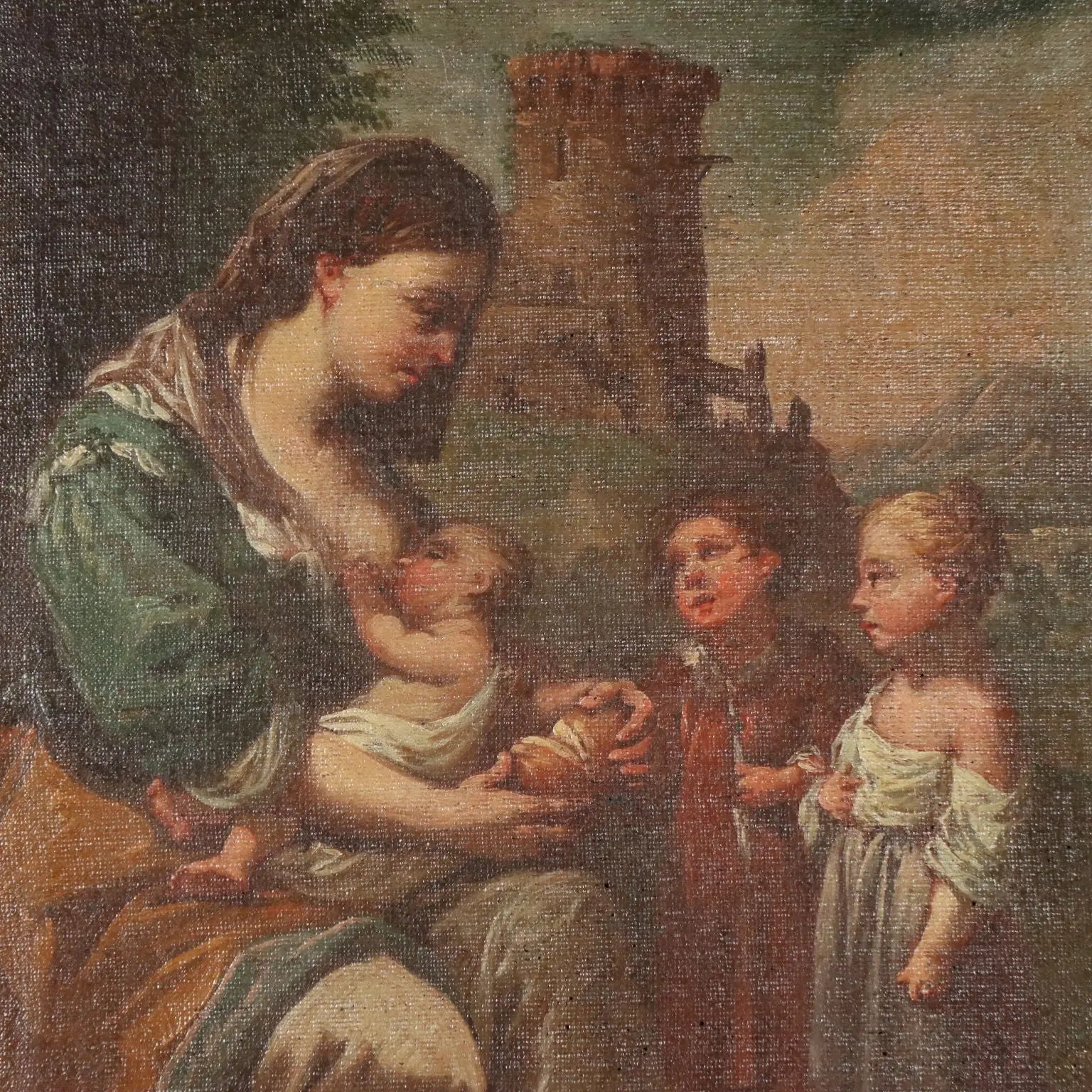 Antique Painting Allegory of Charity Oil on Canvas XVII-XVIII Century