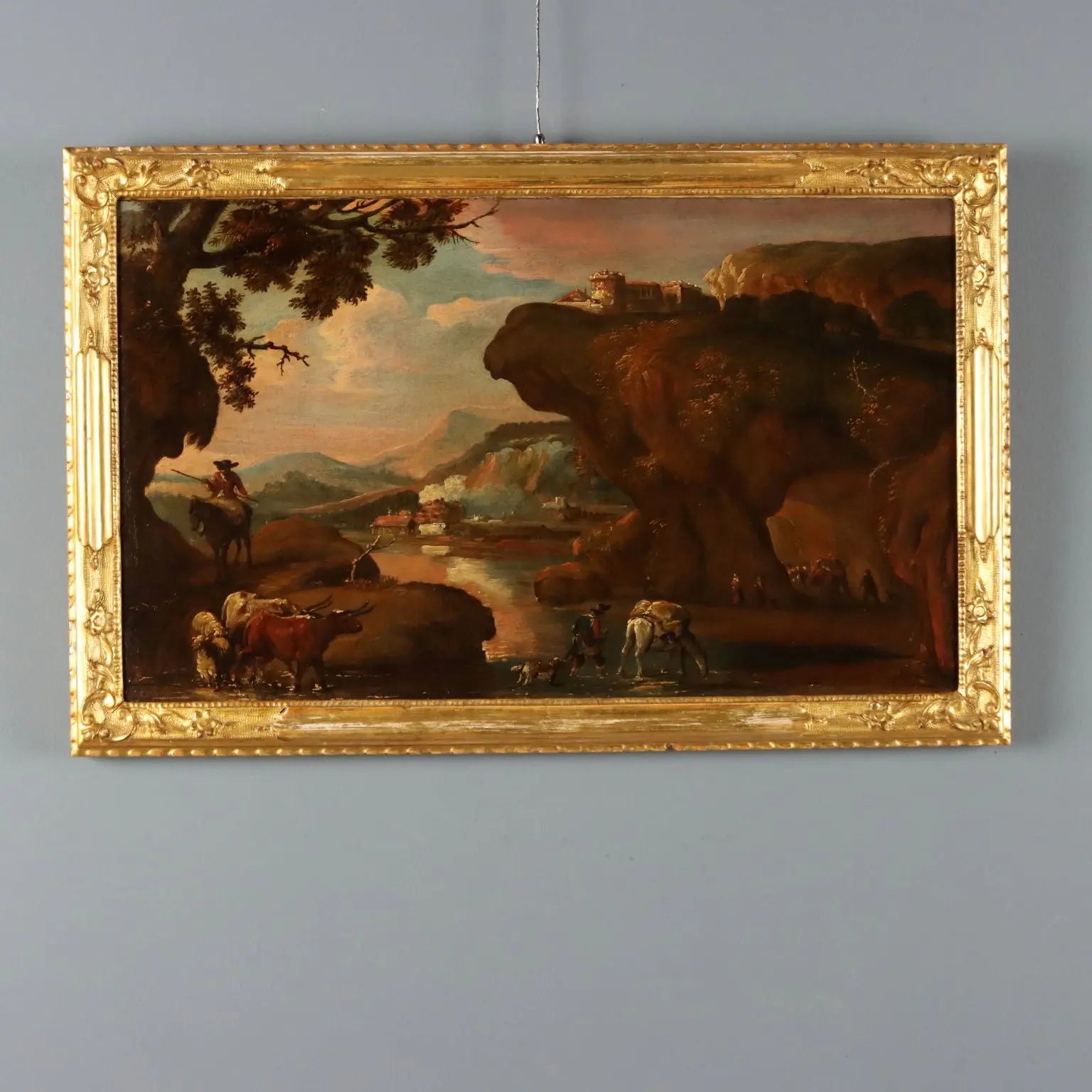 Antique Painting Landscape with Shepherds Oil on Canvas XVII Century
