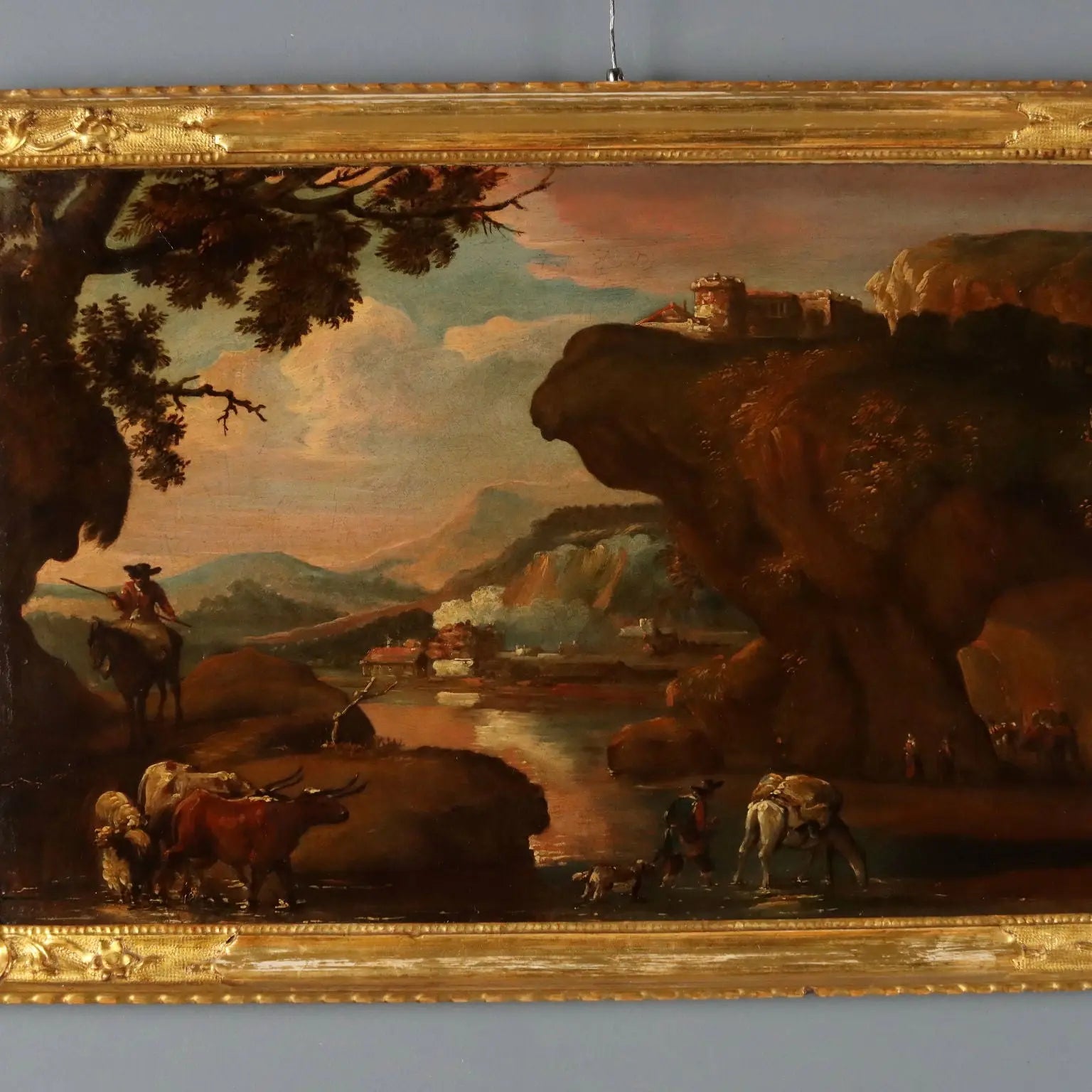 Antique Painting Landscape with Shepherds Oil on Canvas XVII Century