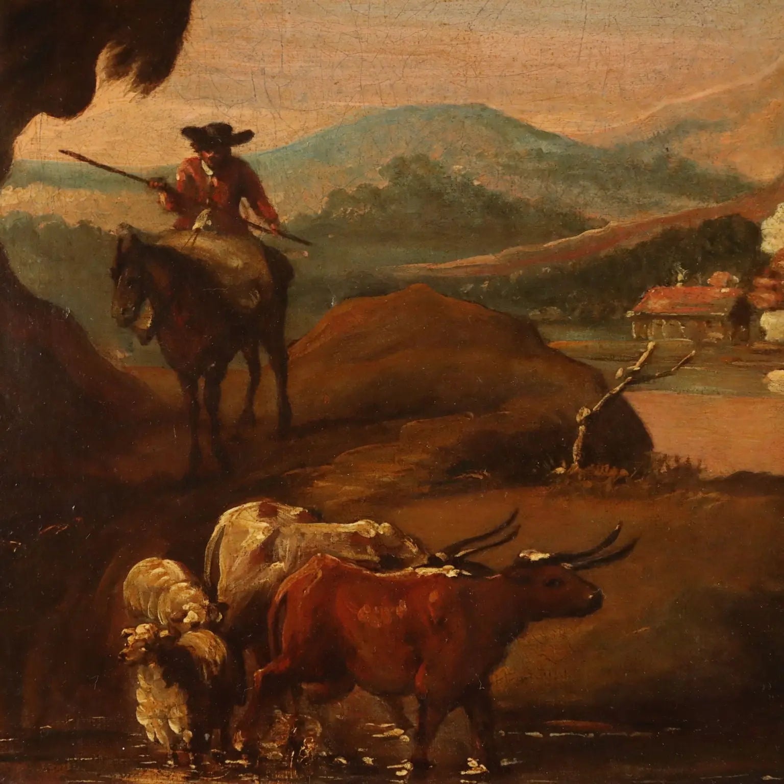 Antique Painting Landscape with Shepherds Oil on Canvas XVII Century
