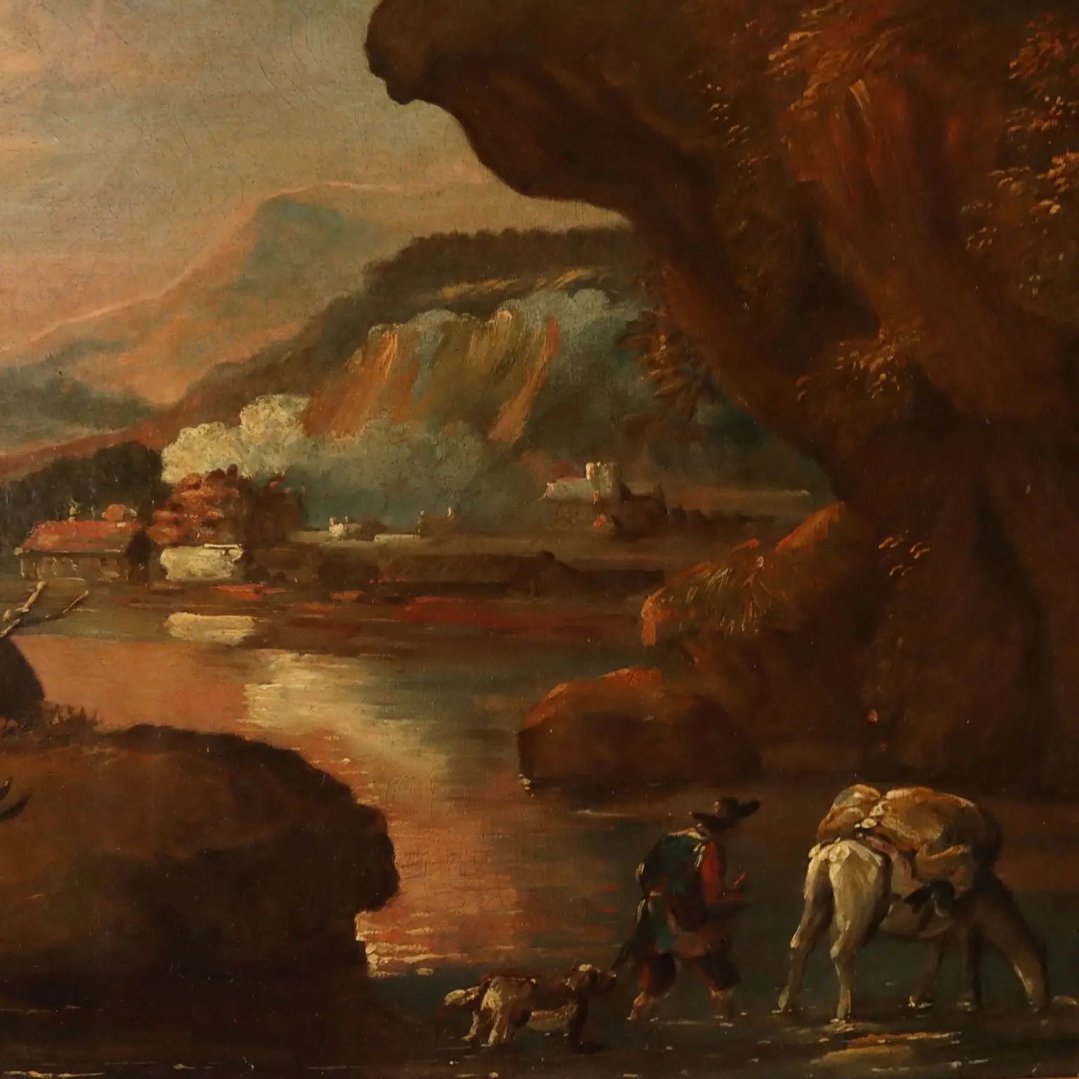 Antique Painting Landscape with Shepherds Oil on Canvas XVII Century