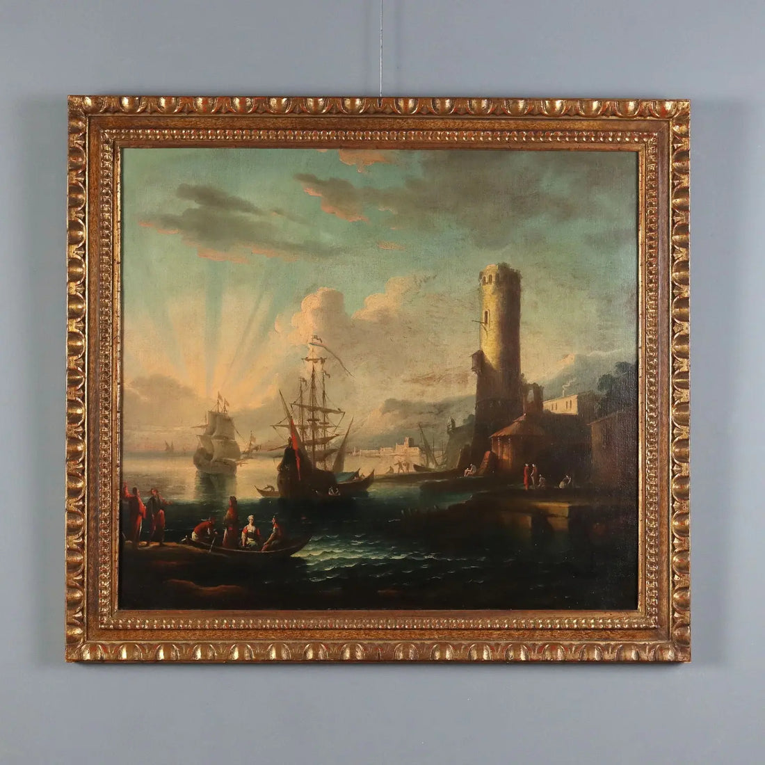 Antique Painting Port Scene Oil on Canvas French School XVIII Century