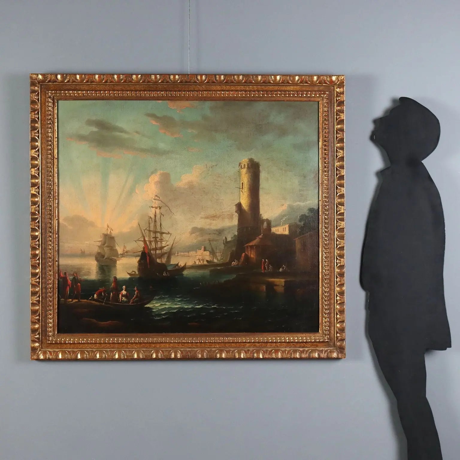 Antique Painting Port Scene Oil on Canvas French School XVIII Century