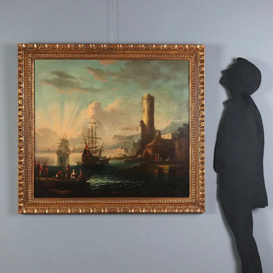 Antique Painting Port Scene Oil on Canvas French School XVIII Century