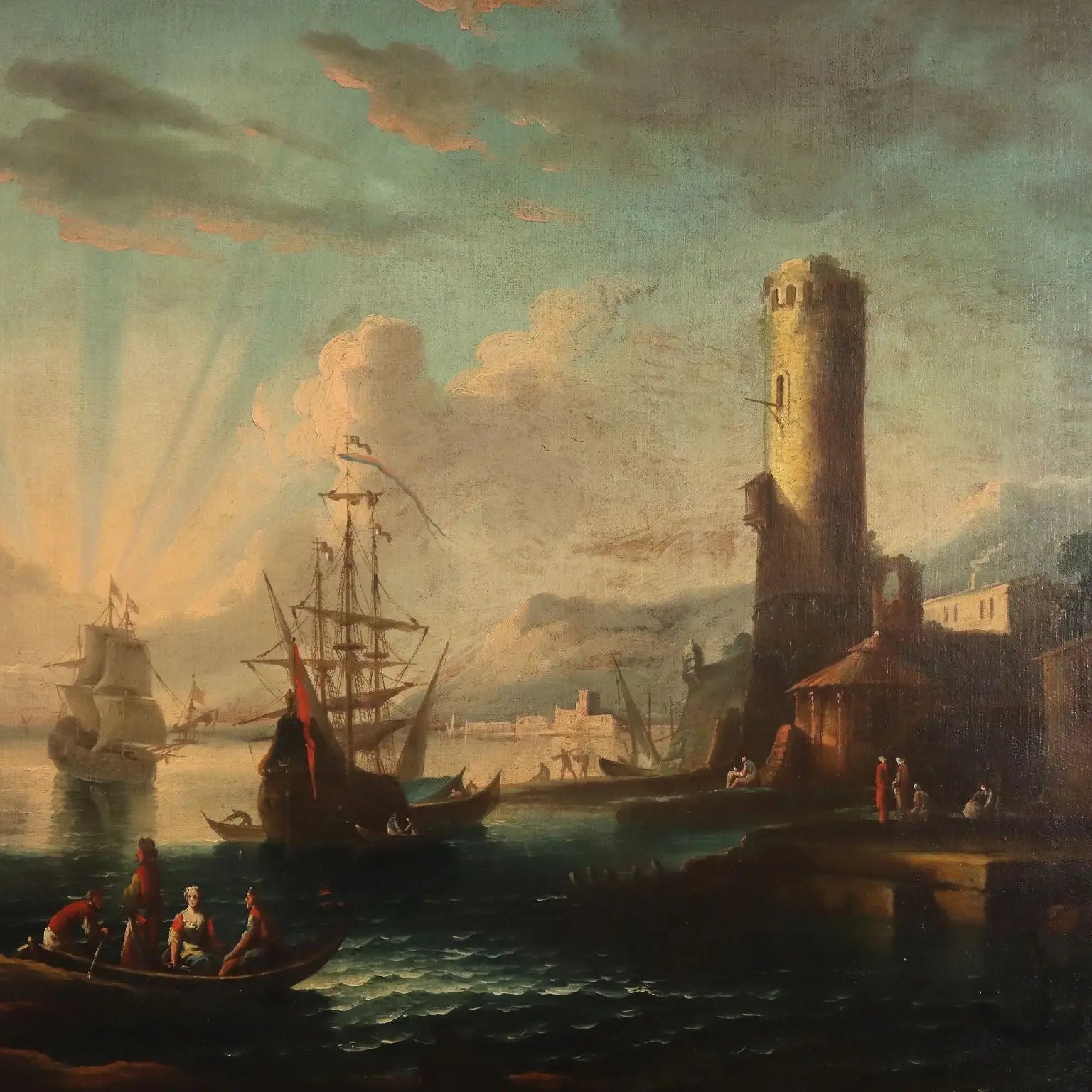 Antique Painting Port Scene Oil on Canvas French School XVIII Century