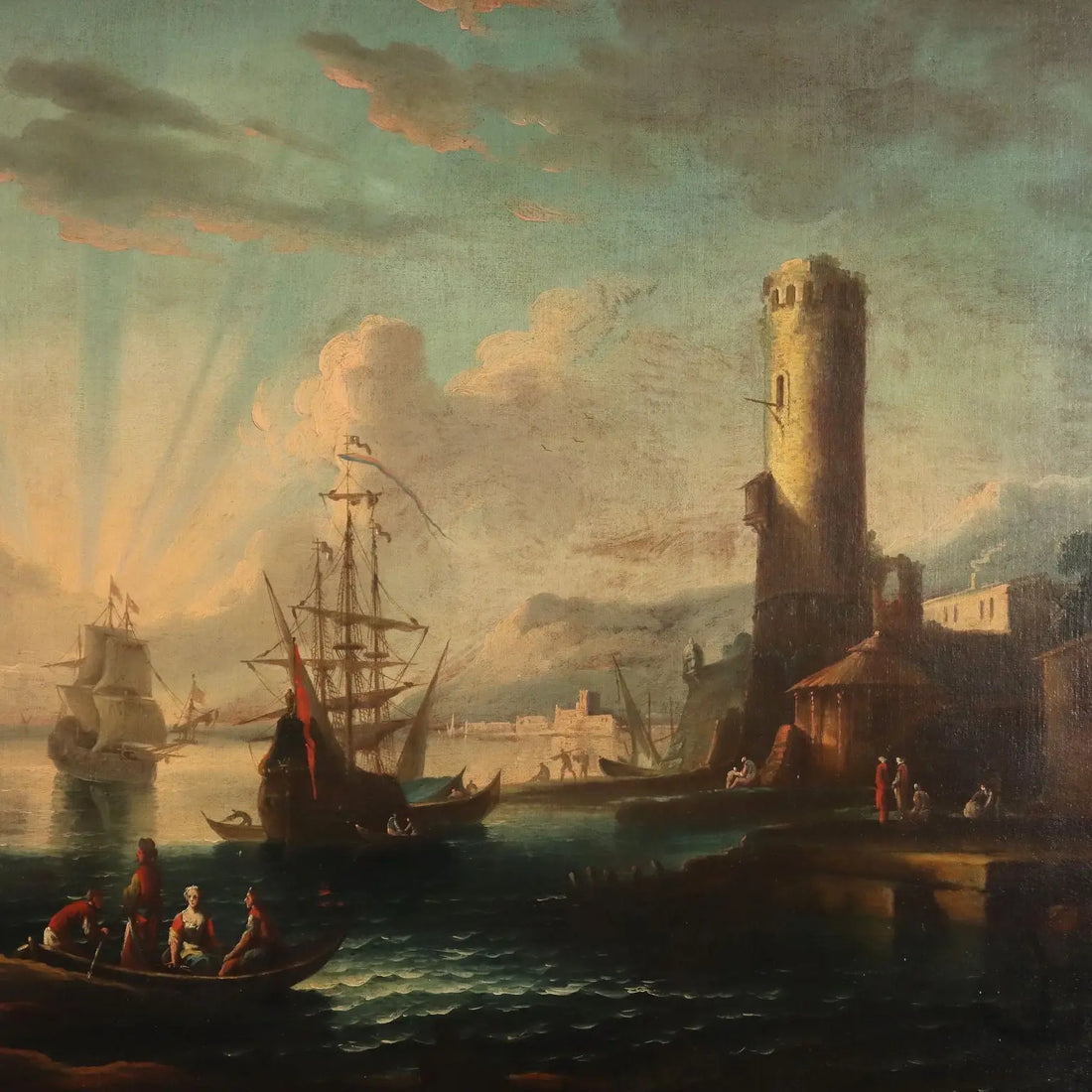 Antique Painting Port Scene Oil on Canvas French School XVIII Century