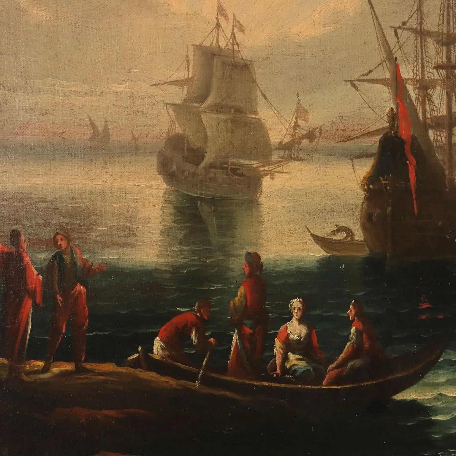 Antique Painting Port Scene Oil on Canvas French School XVIII Century