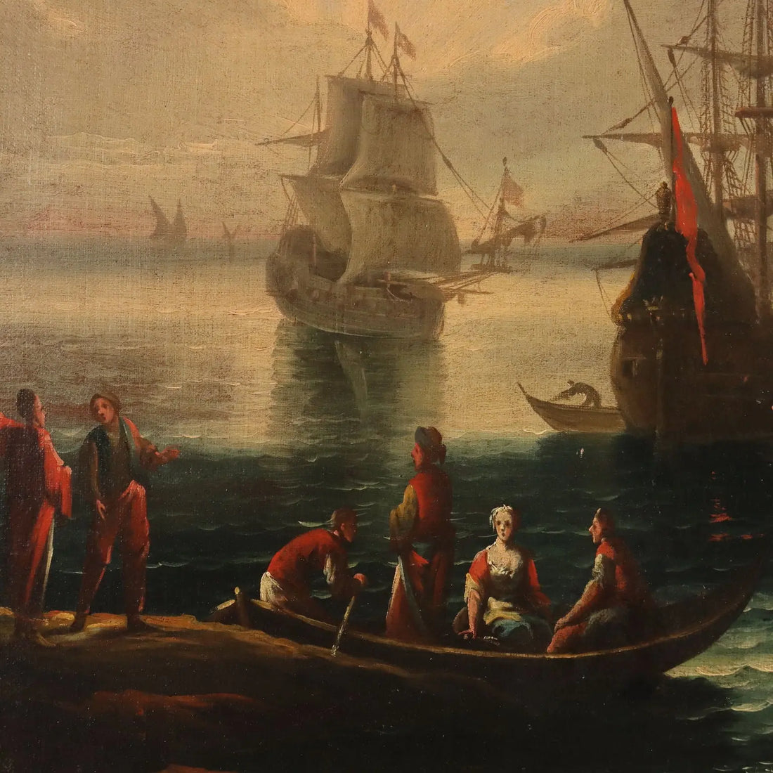 Antique Painting Port Scene Oil on Canvas French School XVIII Century