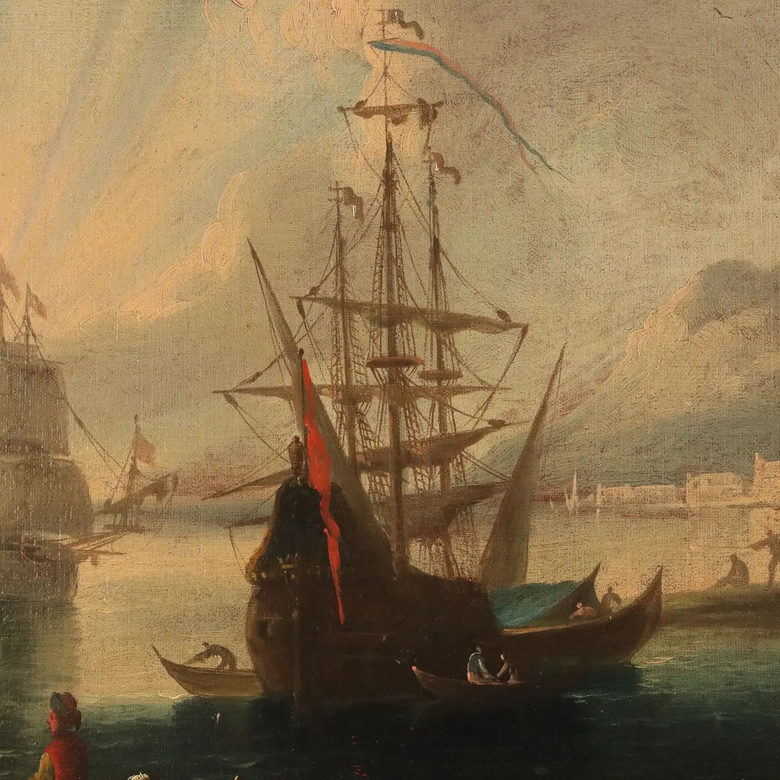 Antique Painting Port Scene Oil on Canvas French School XVIII Century