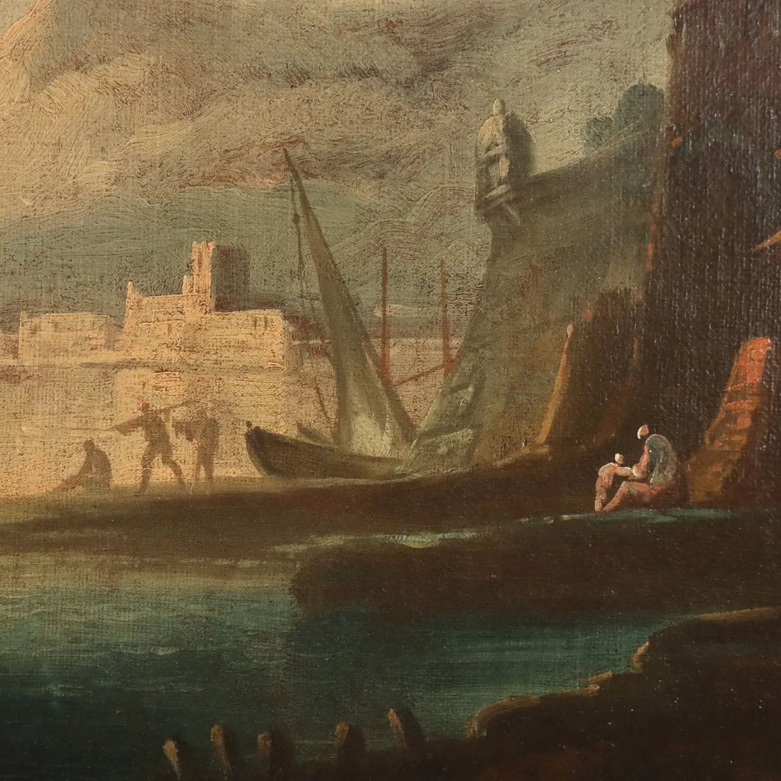 Antique Painting Port Scene Oil on Canvas French School XVIII Century