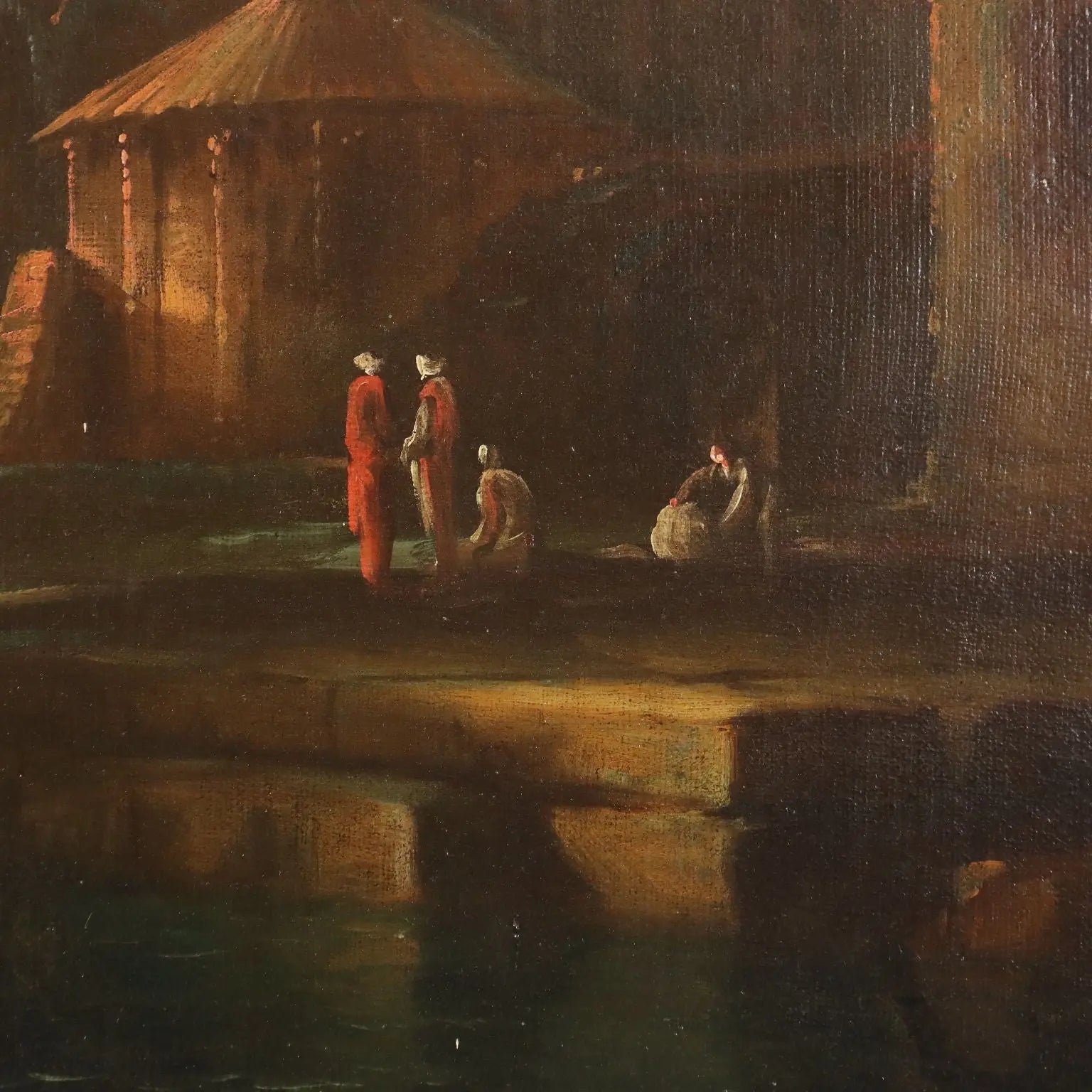 Antique Painting Port Scene Oil on Canvas French School XVIII Century