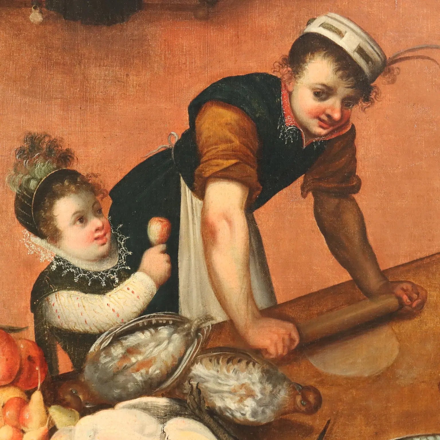 Antique Painting Kitchen Scene Oil on Canvas Flemish School