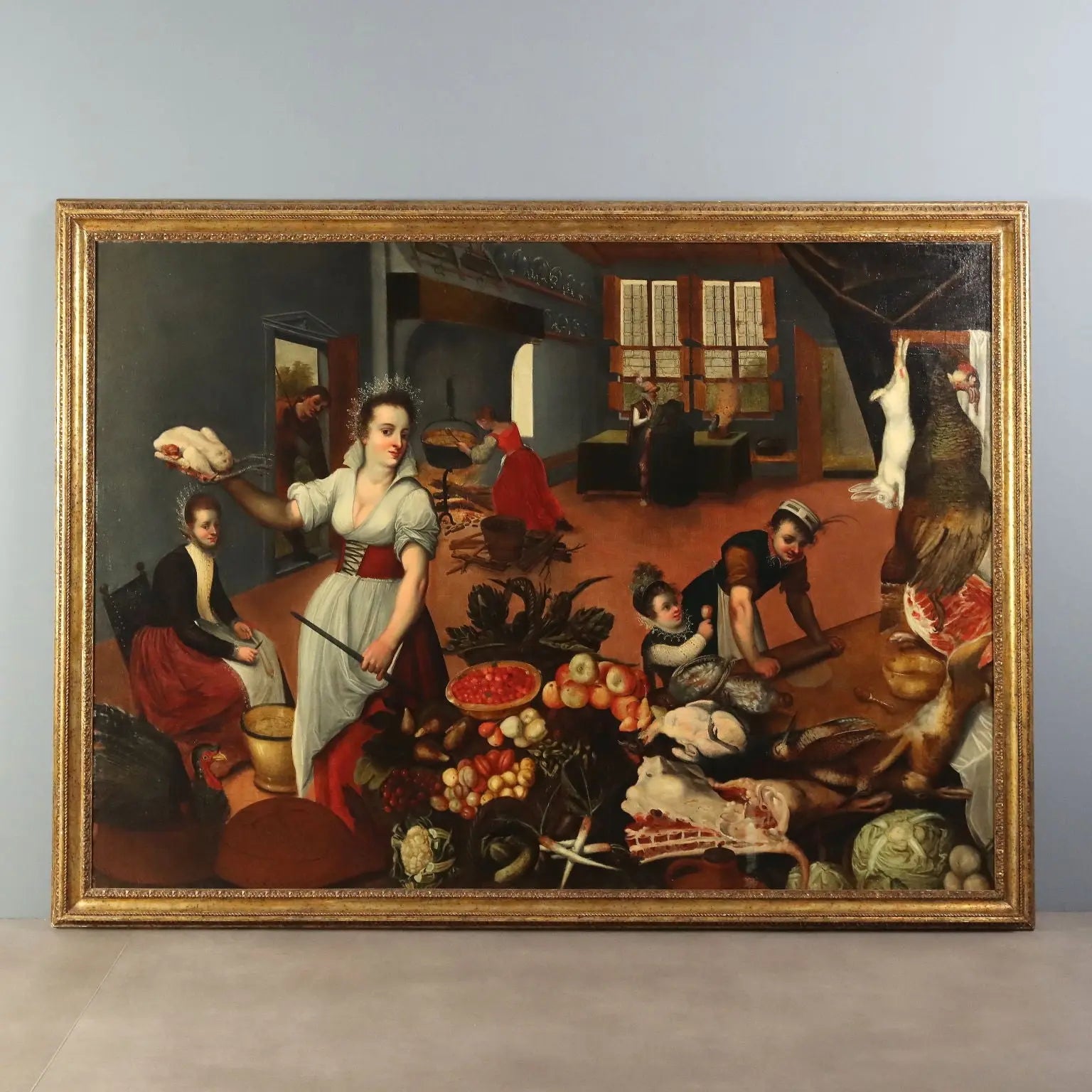 Antique Painting Kitchen Scene Oil on Canvas Flemish School