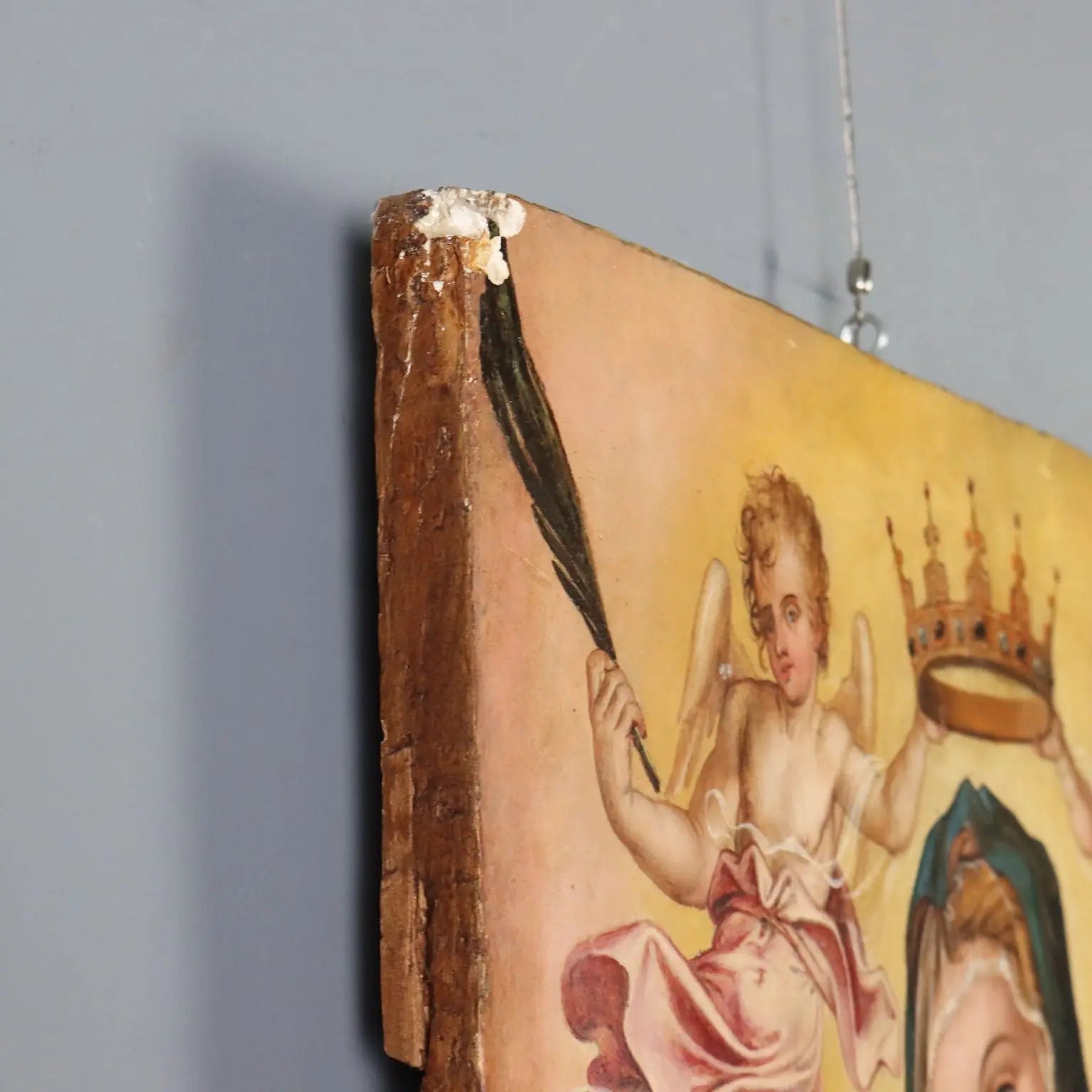 Antique Painting Virgin Mary Sat on the Throne Poplar XVI Century