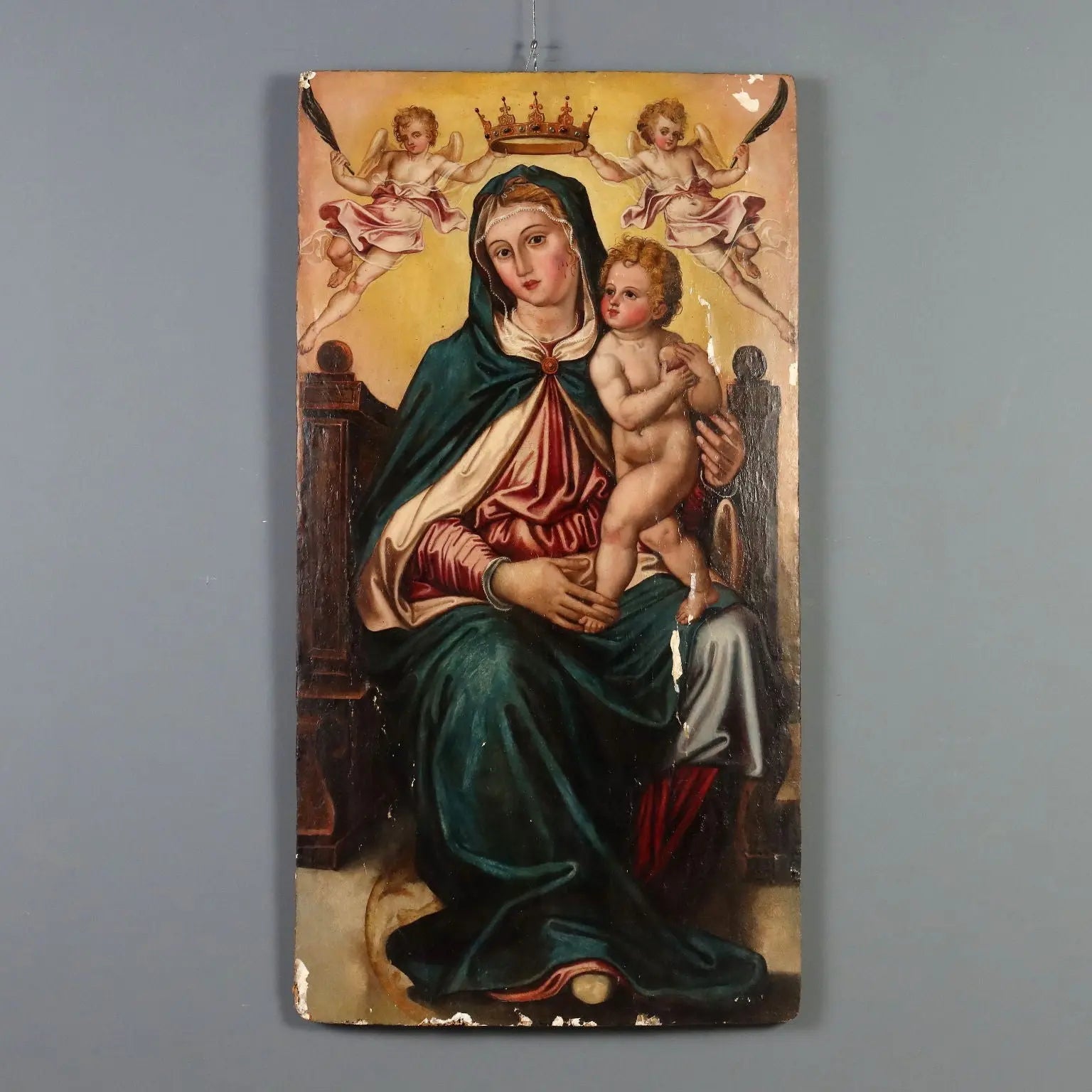 Antique Painting Virgin Mary Sat on the Throne Poplar XVI Century