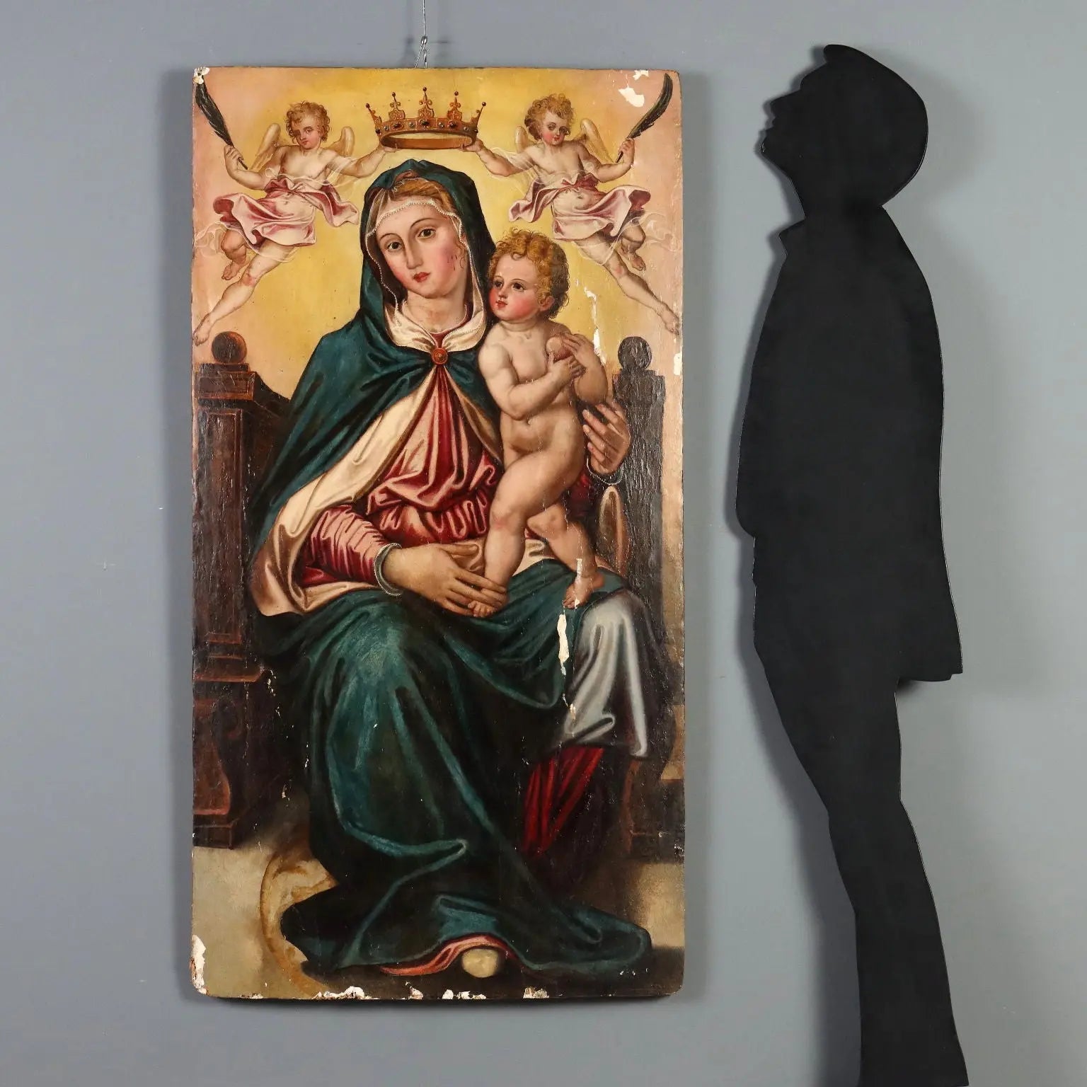 Antique Painting Virgin Mary Sat on the Throne Poplar XVI Century