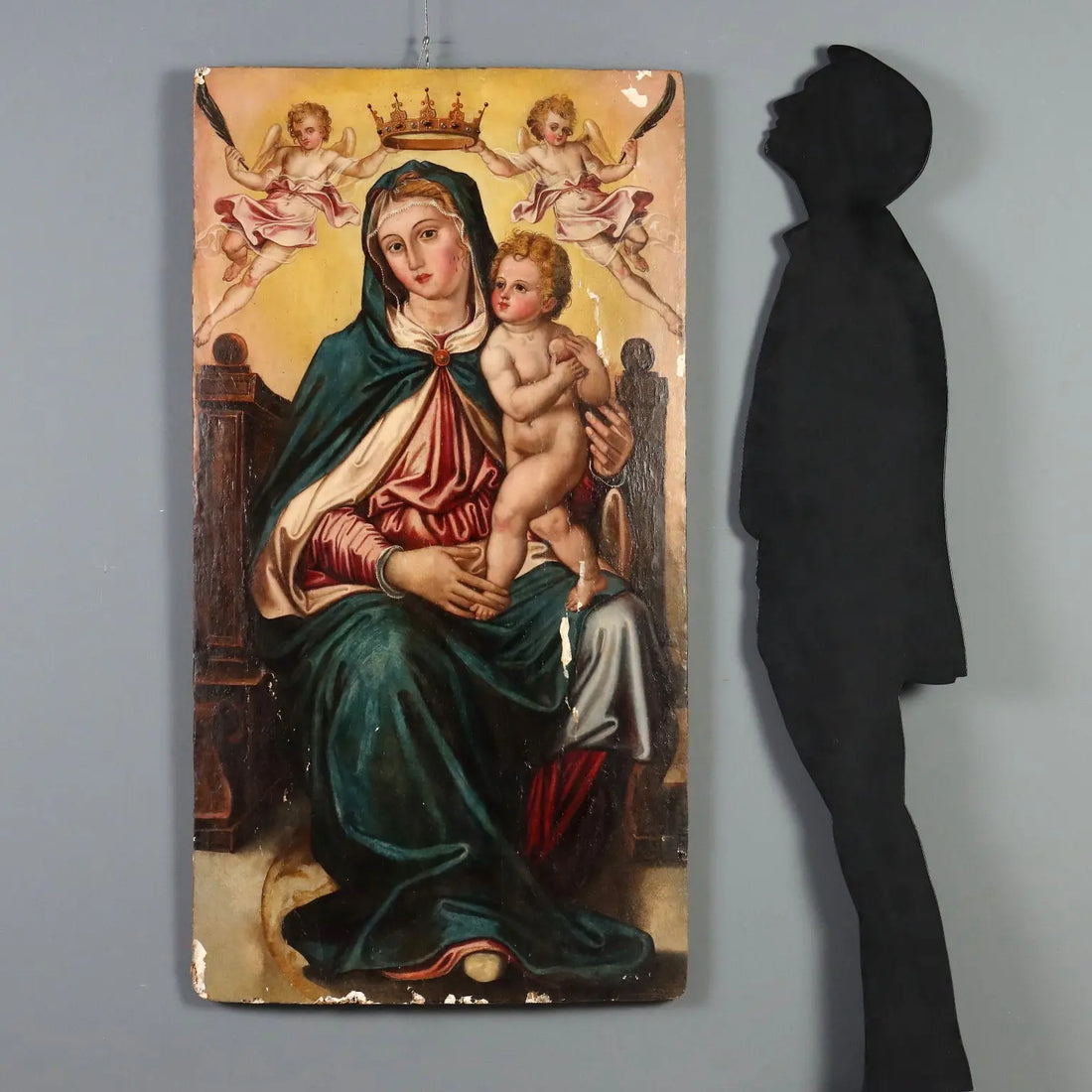 Antique Painting Virgin Mary Sat on the Throne Poplar XVI Century