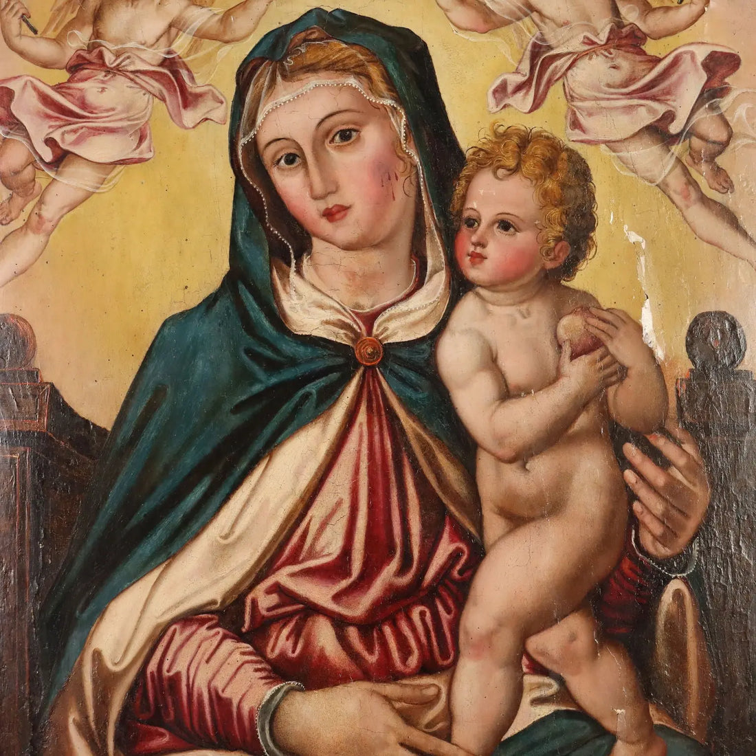Antique Painting Virgin Mary Sat on the Throne Poplar XVI Century