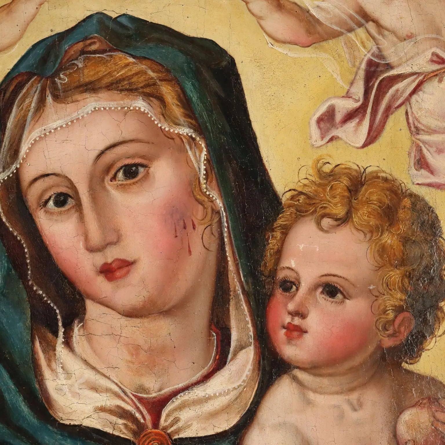 Antique Painting Virgin Mary Sat on the Throne Poplar XVI Century