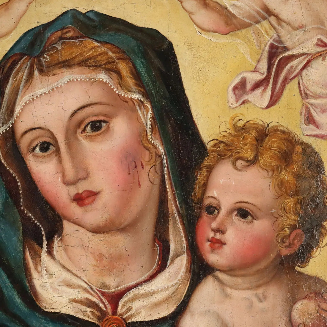 Antique Painting Virgin Mary Sat on the Throne Poplar XVI Century