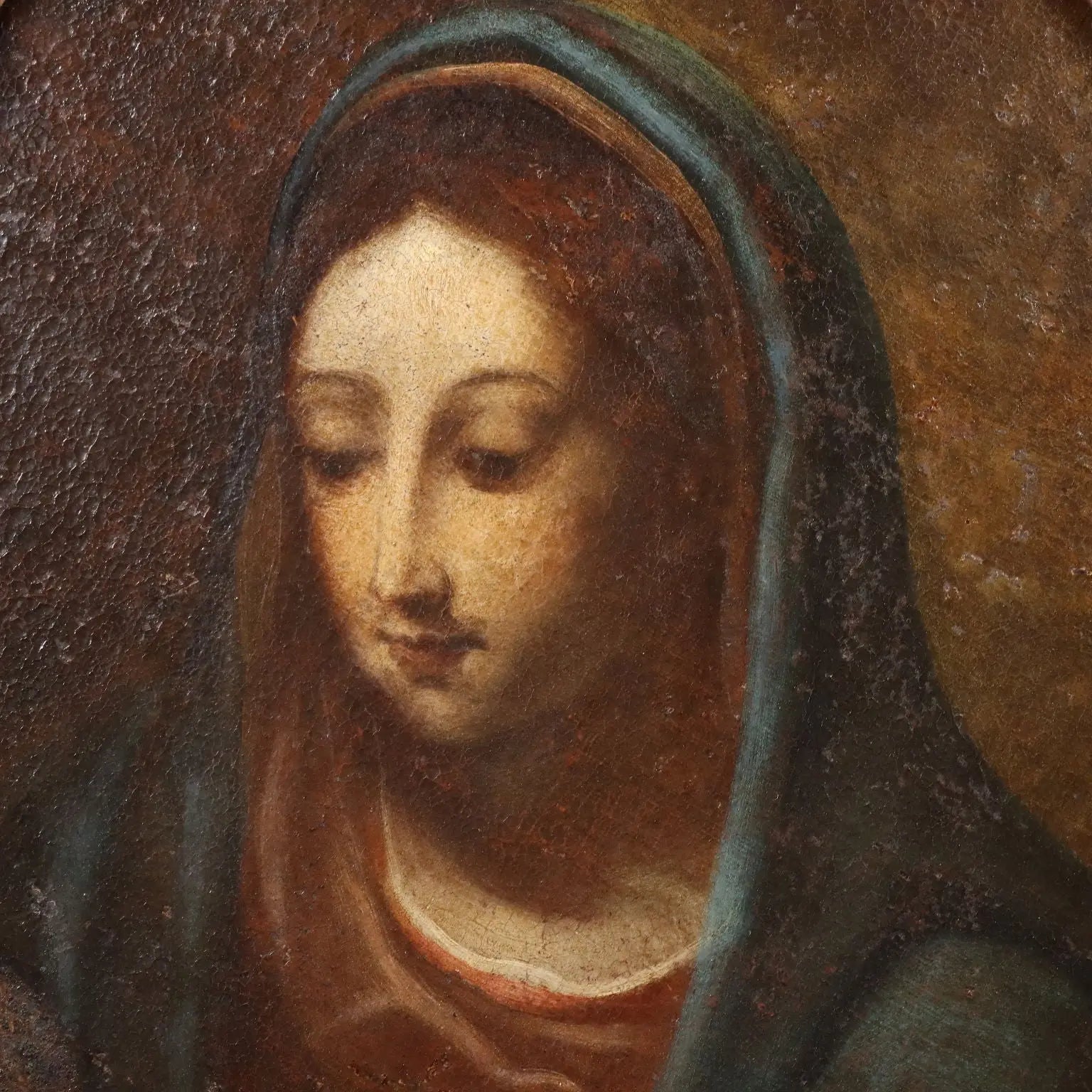 Antique Painting The Virgin Mary Oil on Canvas XVII-XVIII Century