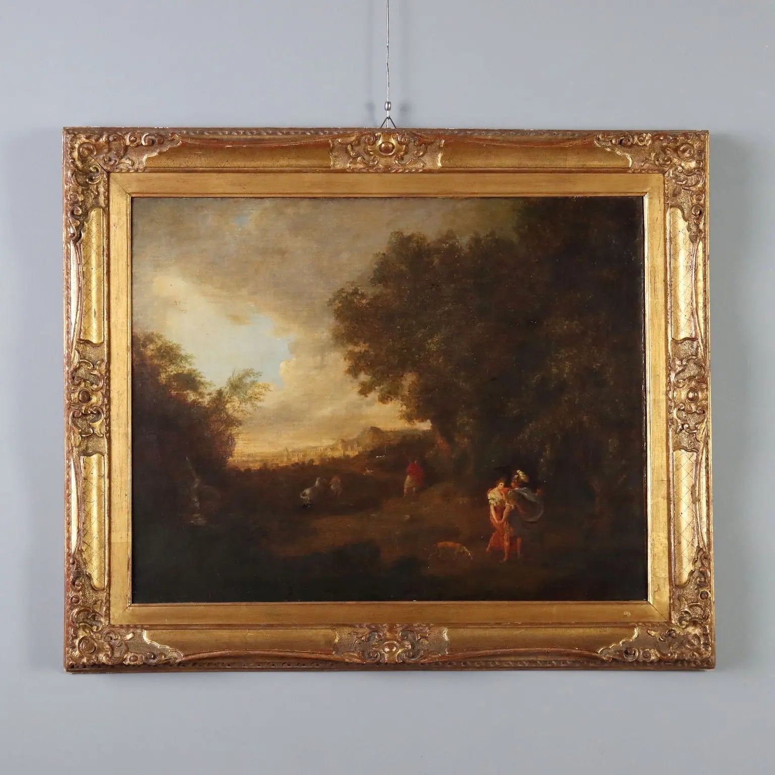 Antique Painting Landscape with Figures Oil on Canvas XVIII Century
