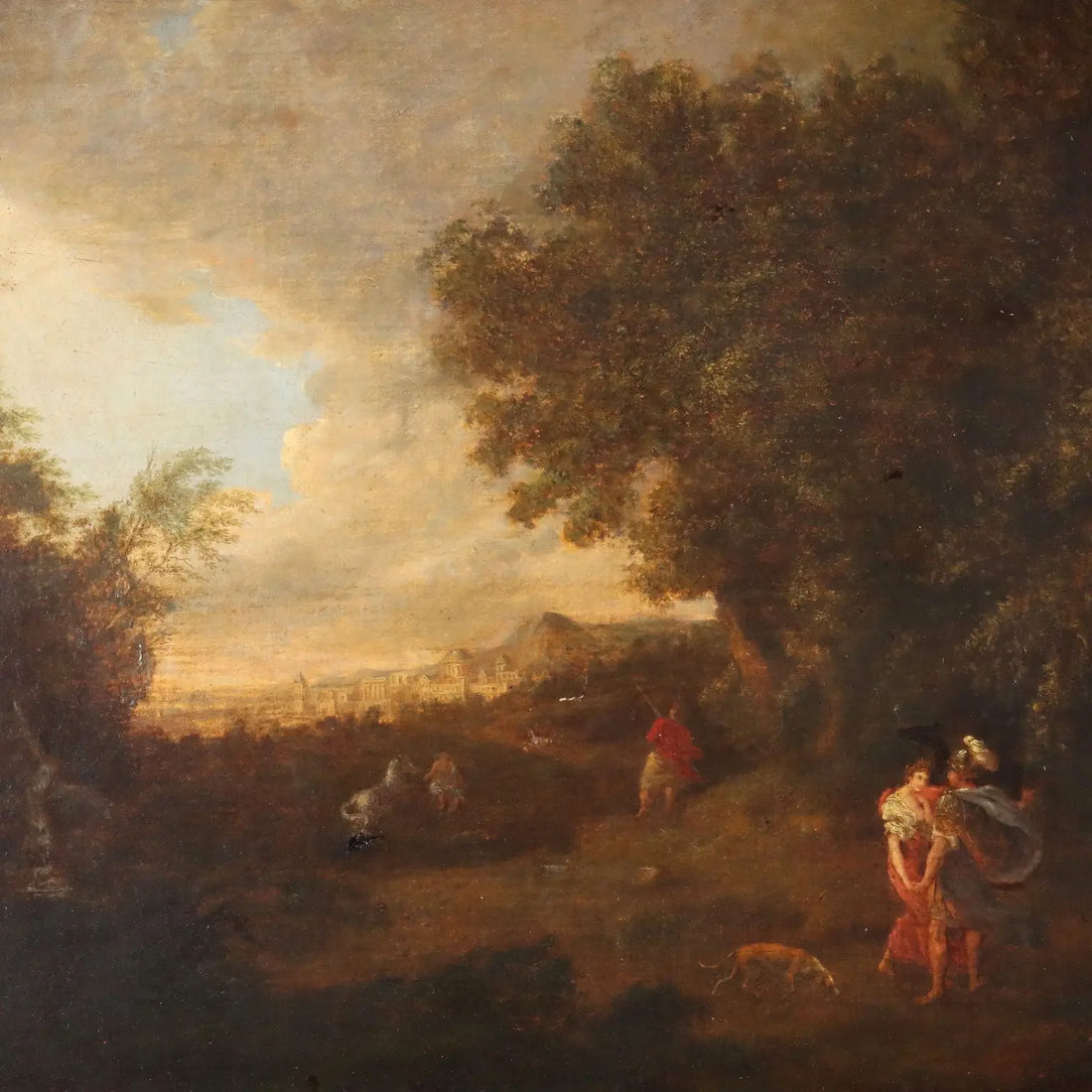 Antique Painting Landscape with Figures Oil on Canvas XVIII Century