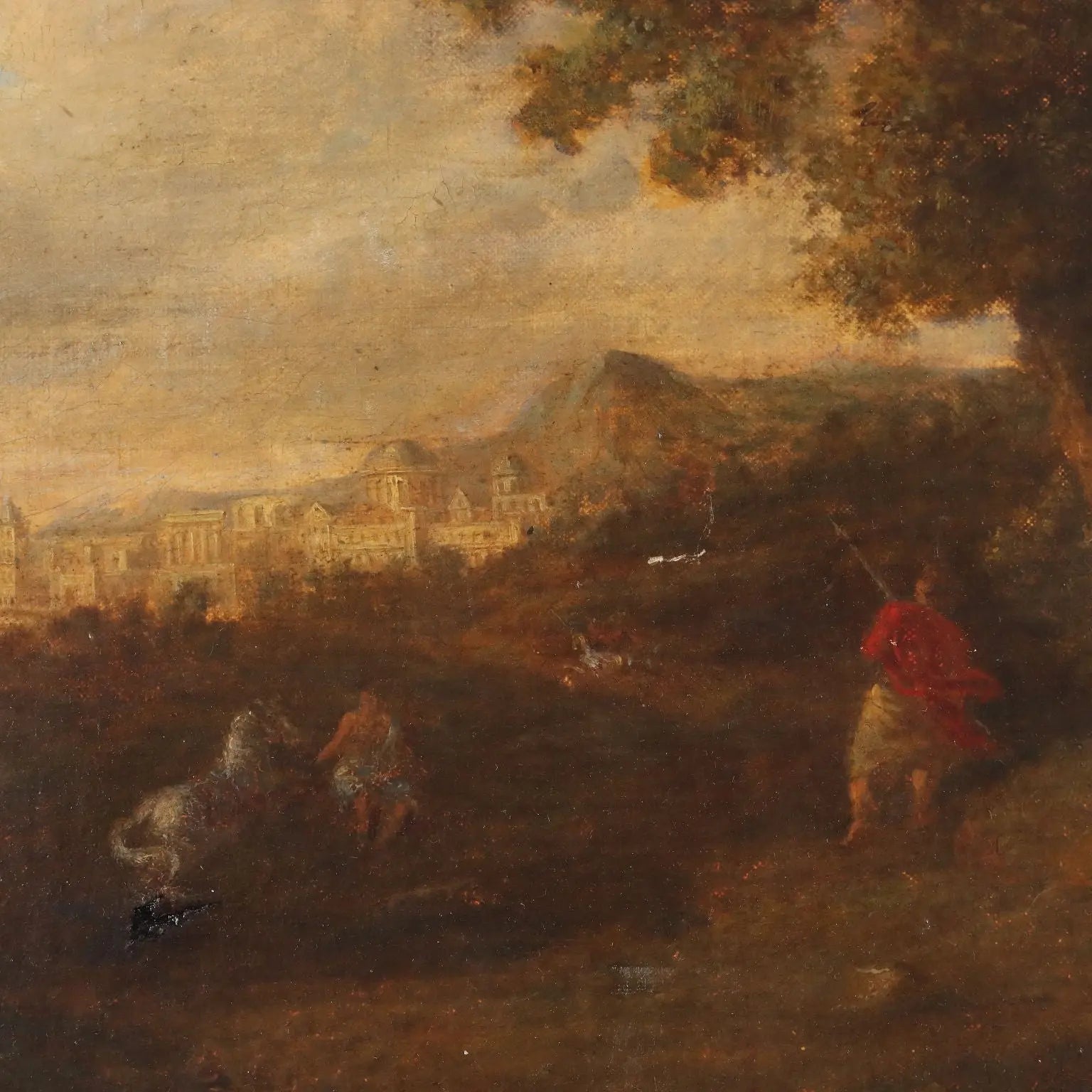 Antique Painting Landscape with Figures Oil on Canvas XVIII Century