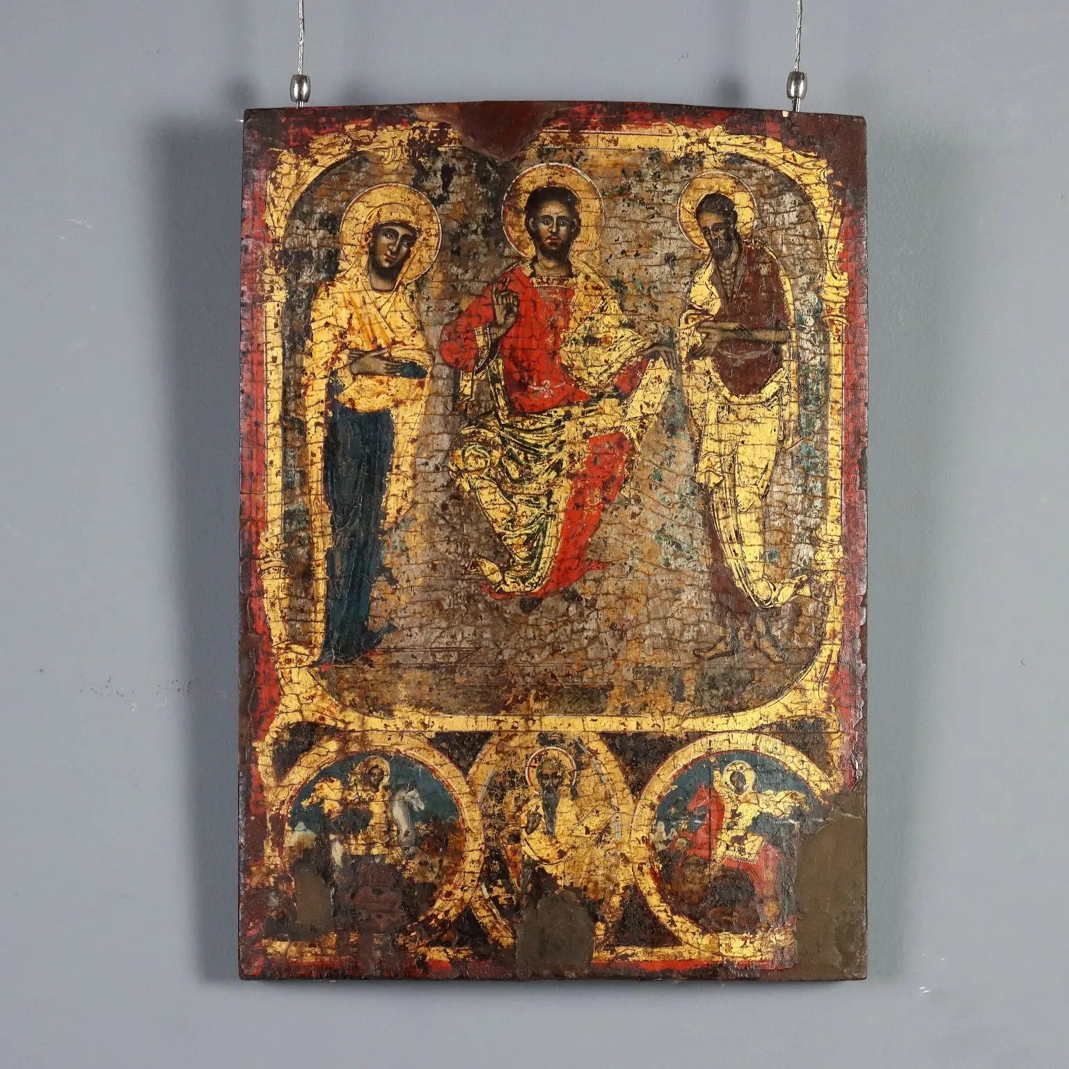 Antique Icon Jesus and Virgin Mary Tempera on Board XVIII Century