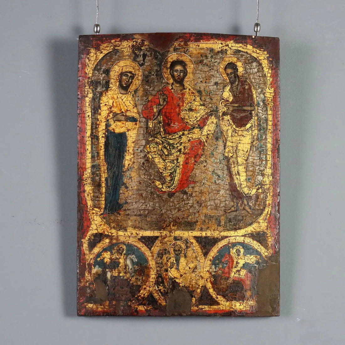 Antique Icon Jesus and Virgin Mary Tempera on Board XVIII Century