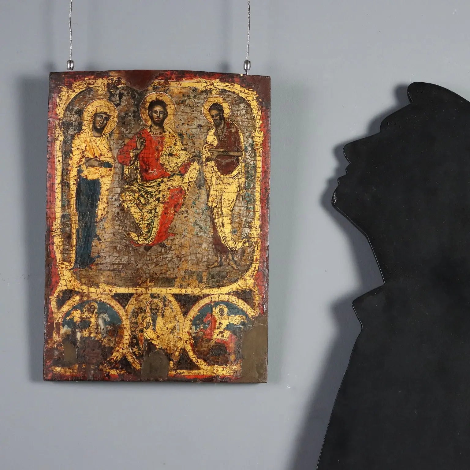 Antique Icon Jesus and Virgin Mary Tempera on Board XVIII Century