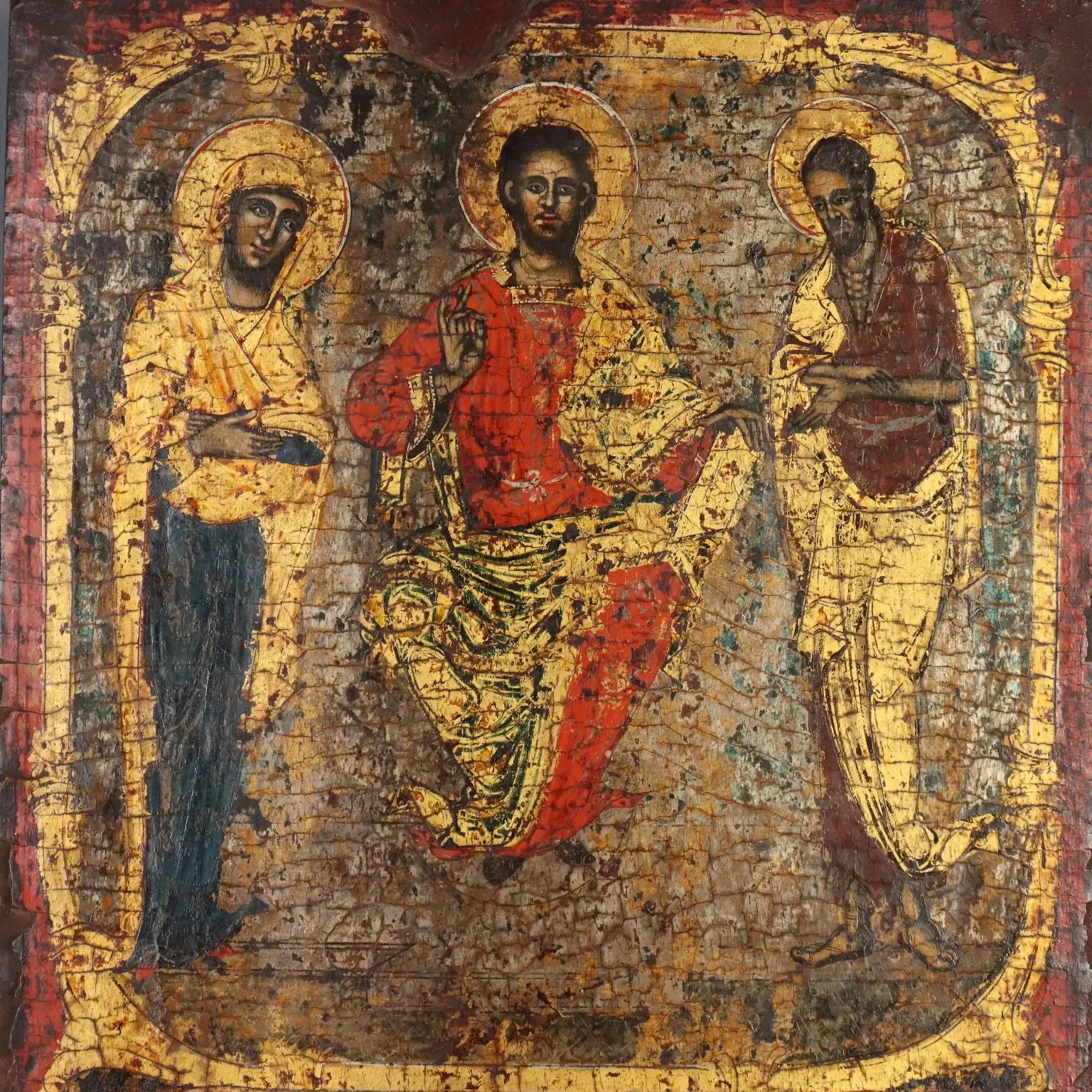 Antique Icon Jesus and Virgin Mary Tempera on Board XVIII Century
