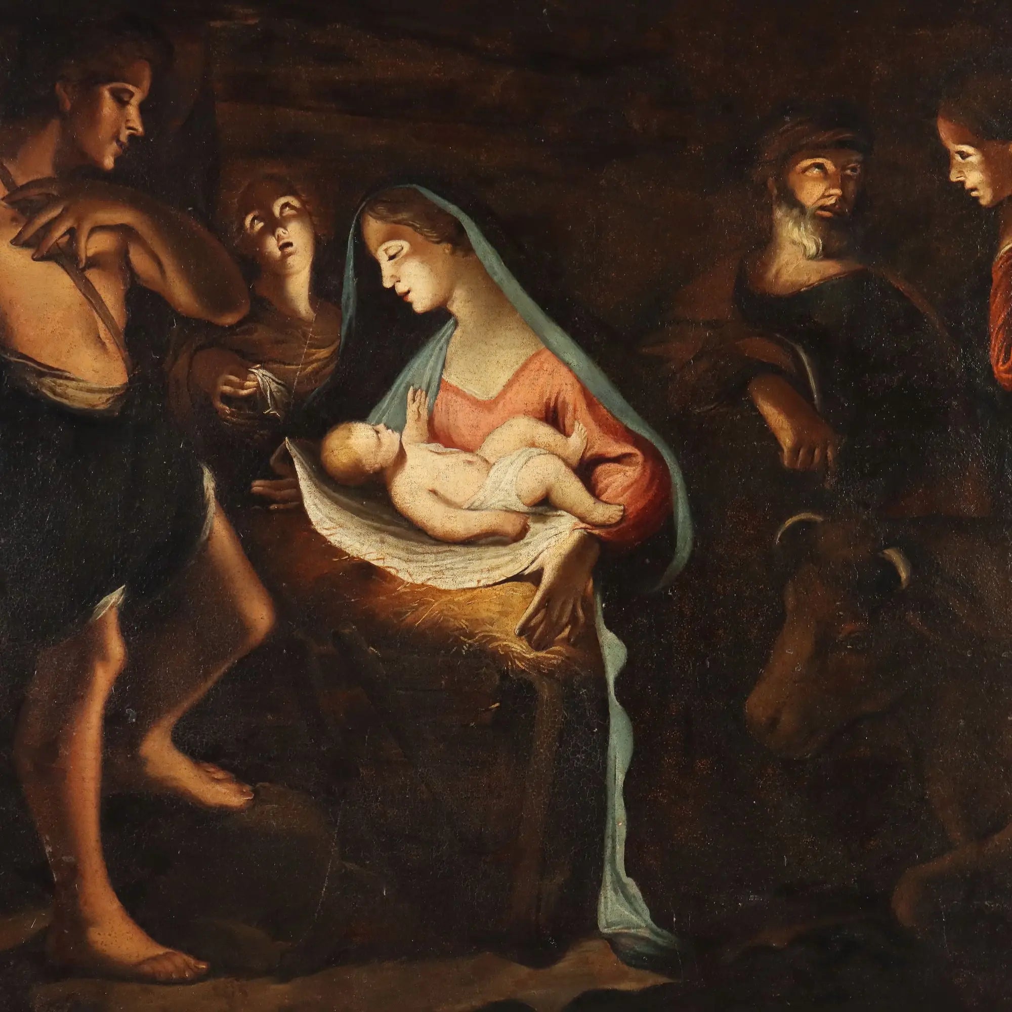 Antique Painting Nativity Oil on Canvas Italy Early XVIII Century