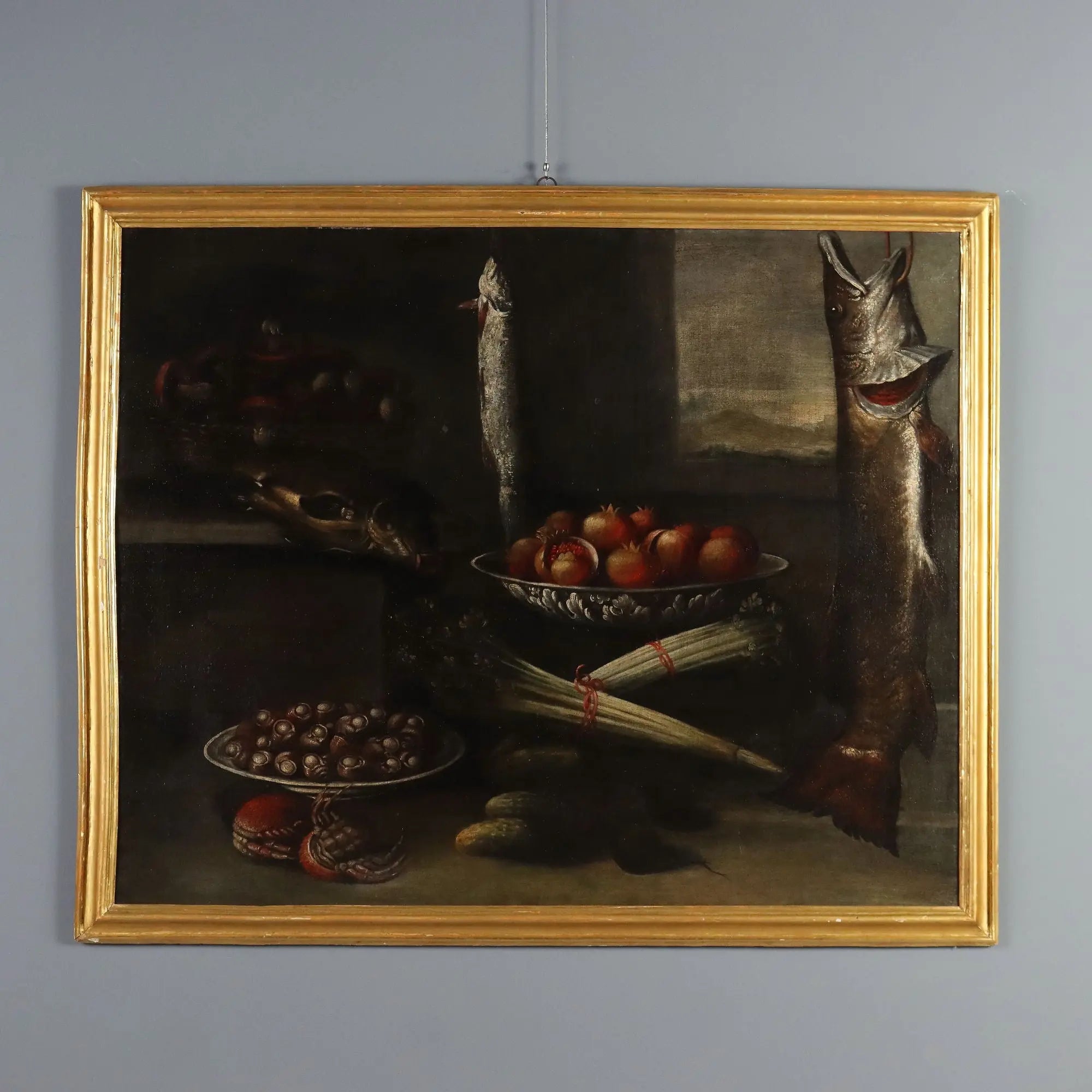 Antique Painting Still Life with Fishes and Snails Oil on Canvas '600-'700
