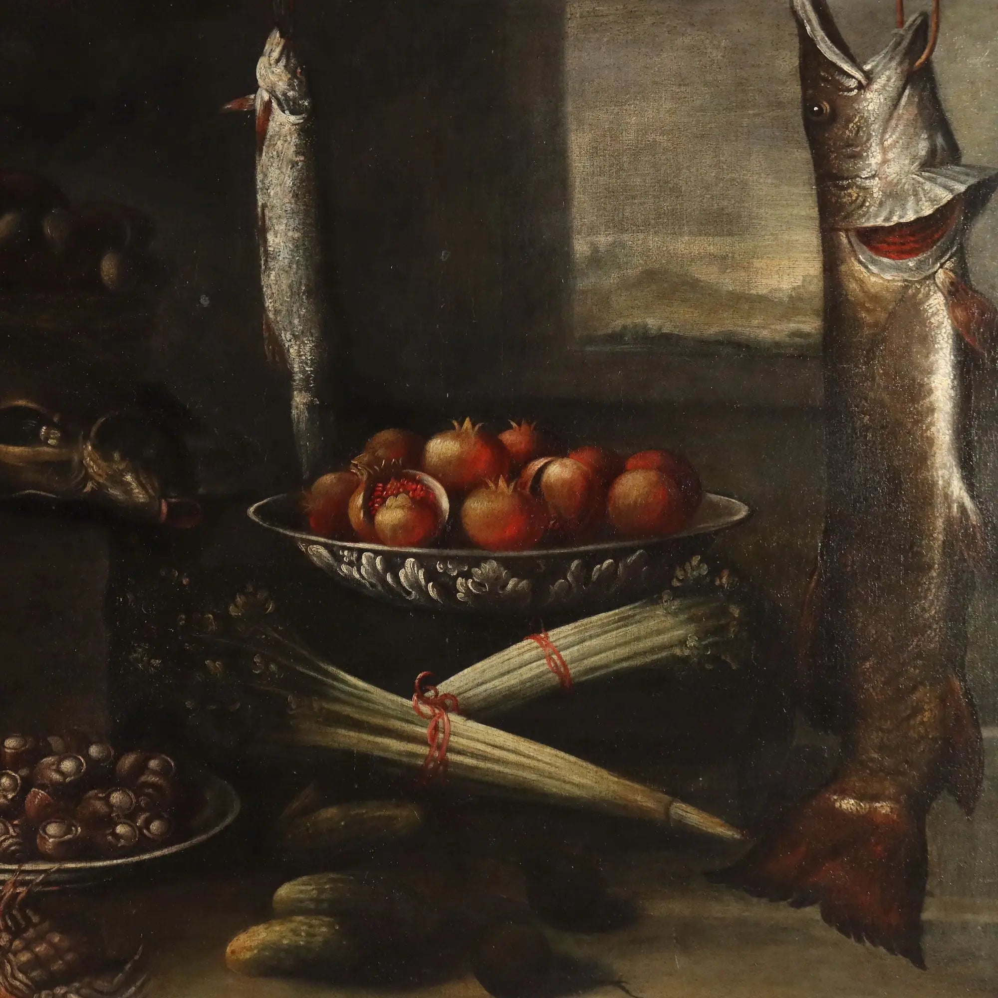 Antique Painting Still Life with Fishes and Snails Oil on Canvas '600-'700