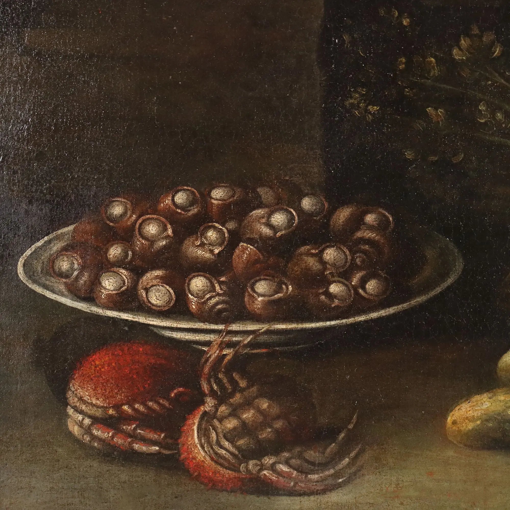 Antique Painting Still Life with Fishes and Snails Oil on Canvas '600-'700