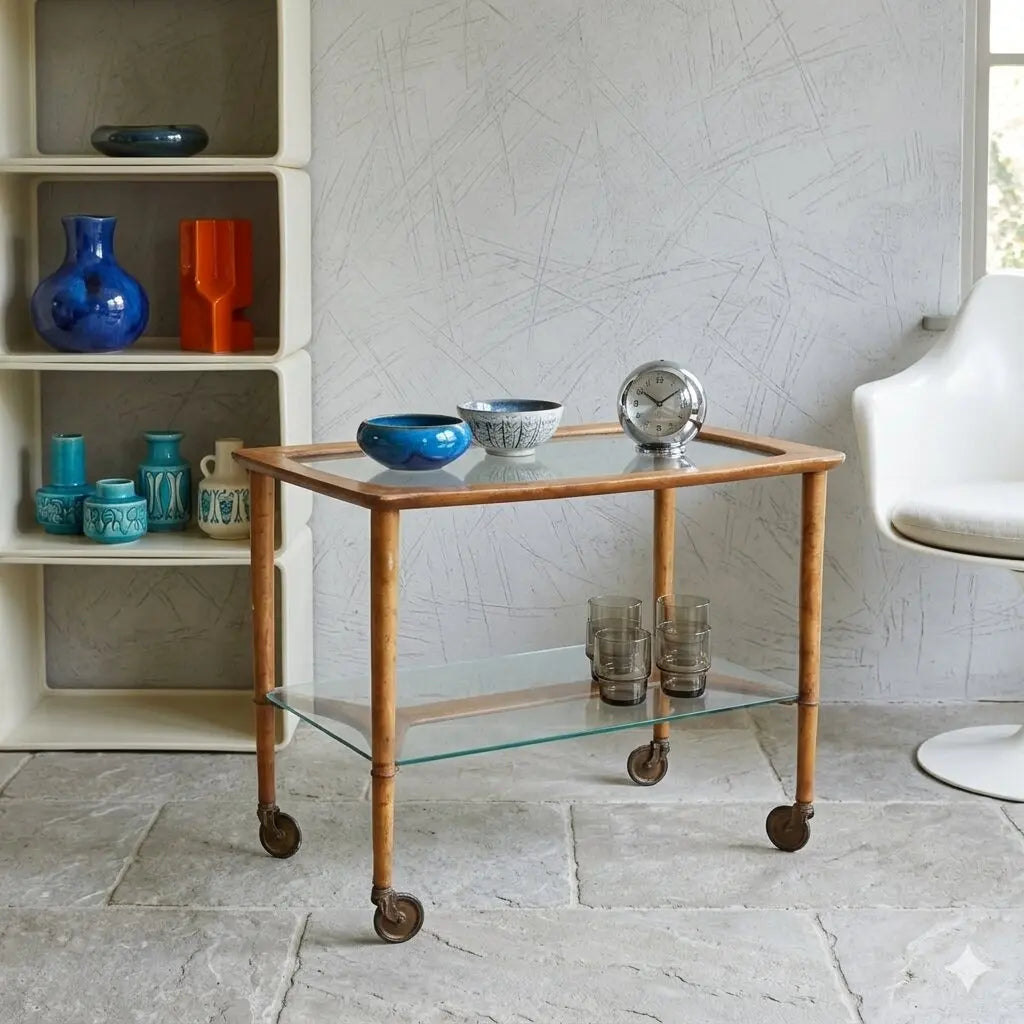 Vintage 1950s Kitchen Trolley Beech Glass Italy | Modernism | Complements