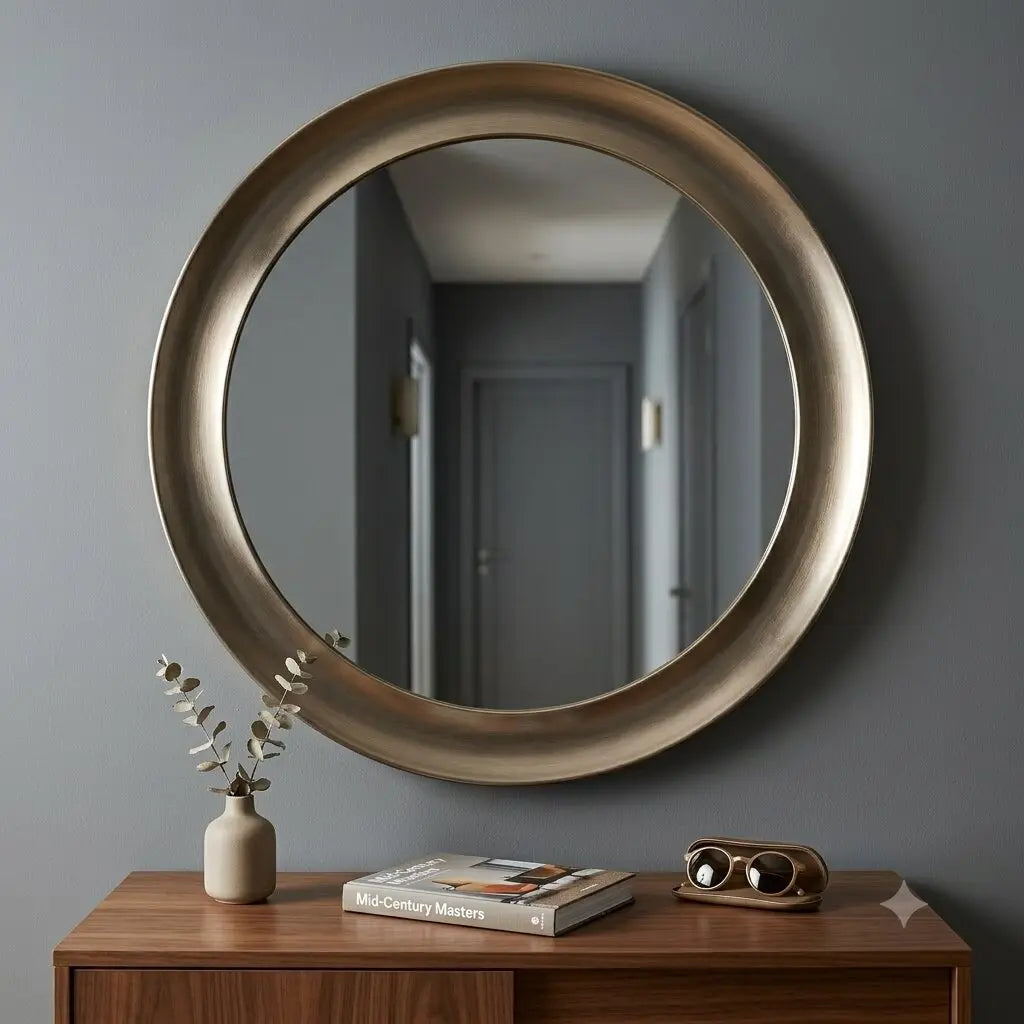 Vintage Round Mirror Iron Frame Glass Design Italy 1960s