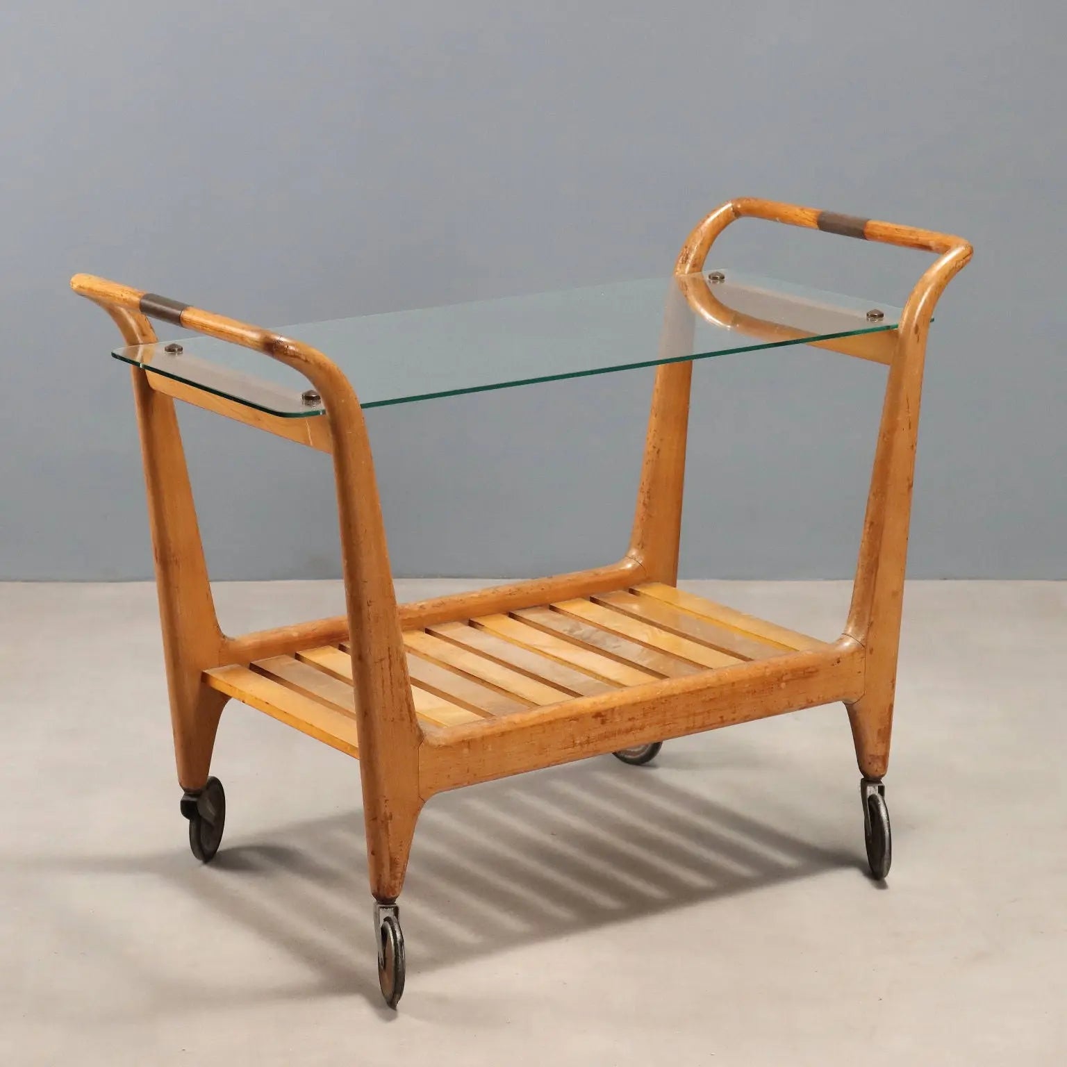 Vintage Kitchen Cart Beech Brass Glass Design Italy 1950s