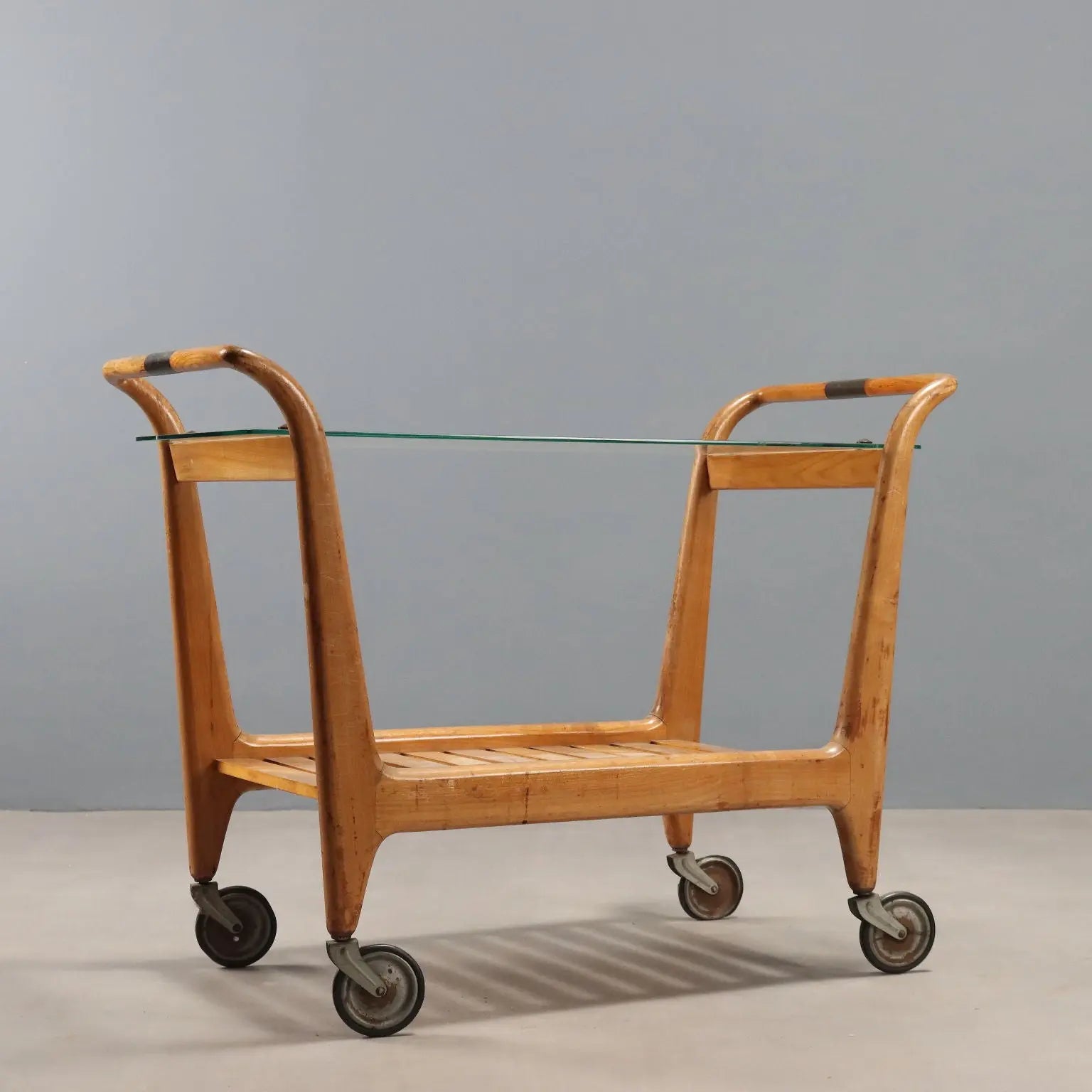 Vintage Kitchen Cart Beech Brass Glass Design Italy 1950s