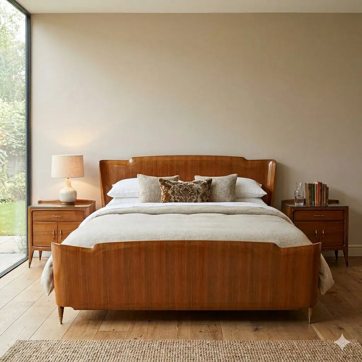 Vintage Double Bed Walnut Veneer Design Italy 1950s