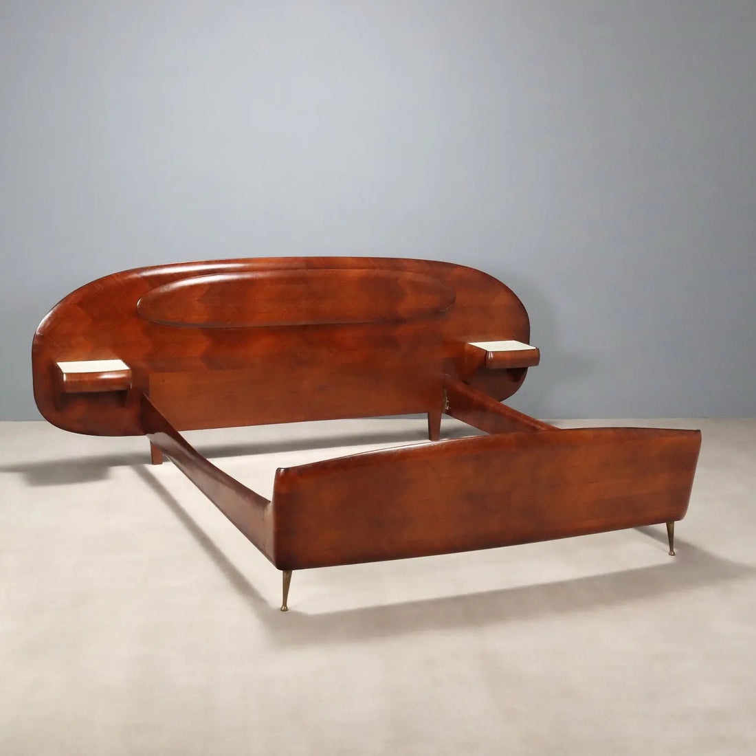 Vintage Double Bed Wood Veneer Design Italy 1950s-1960s