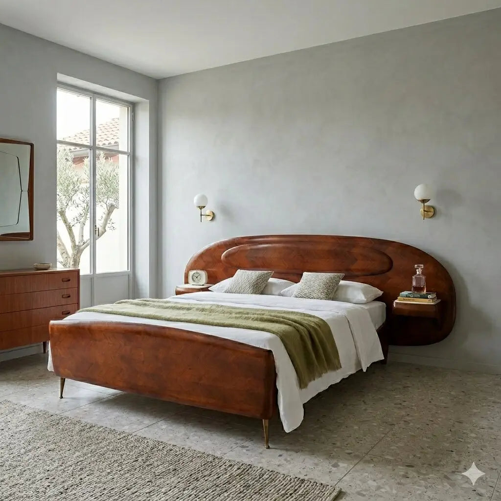 Vintage Double Bed Wood Veneer Design Italy 1950s-1960s