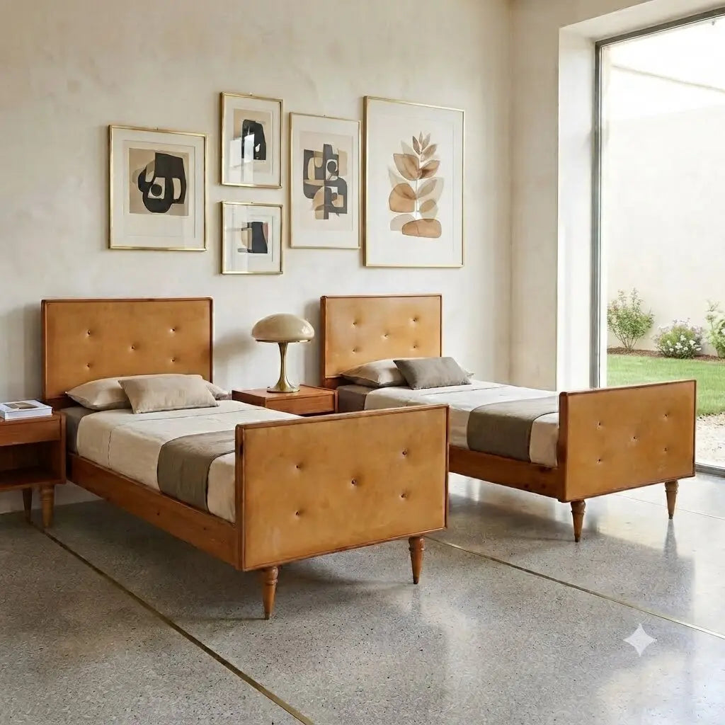 Vintage Beds Wood Leatherette Design Italy 1960s