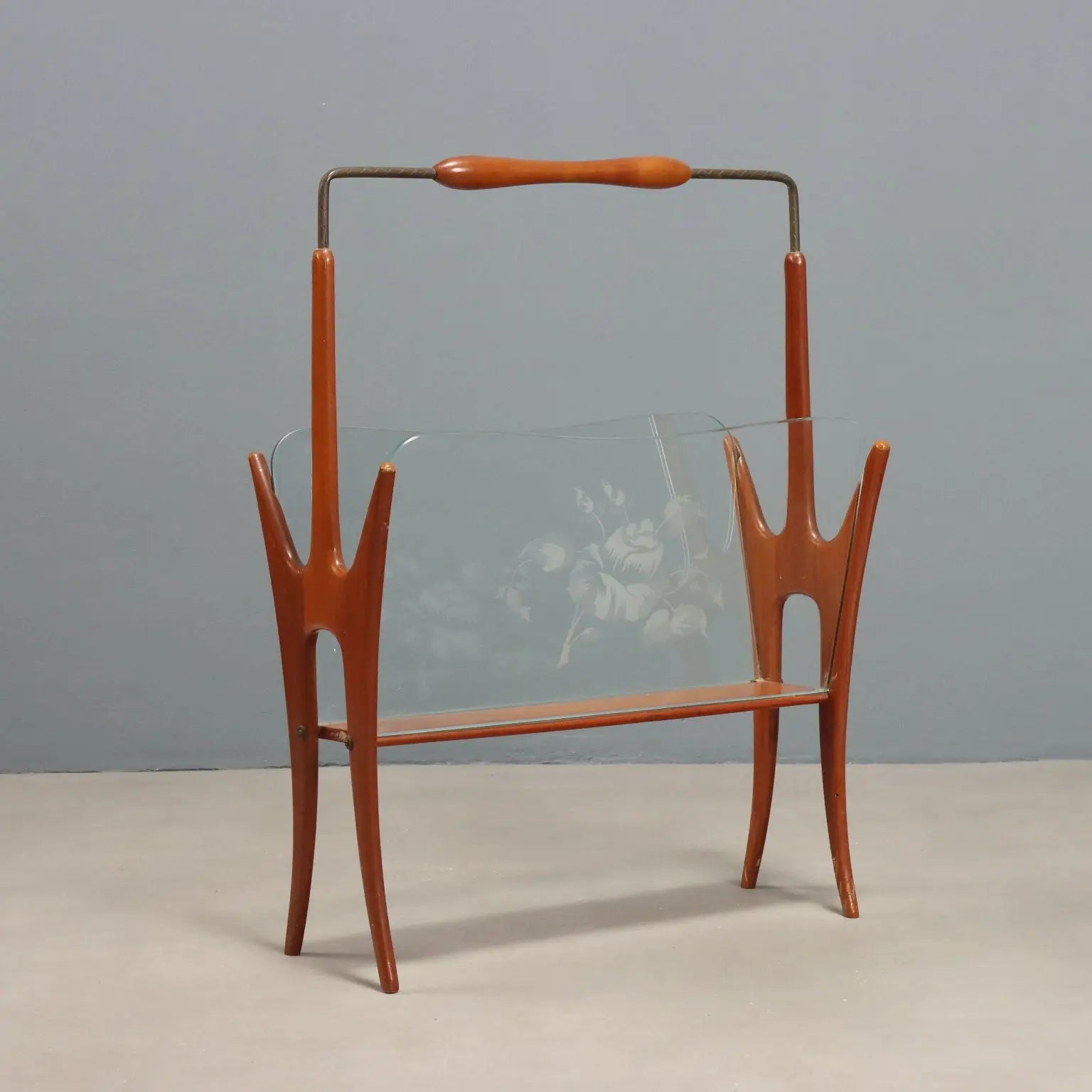 Vintage Magazine Rack Curved Wood Glass Design Italy 1950s