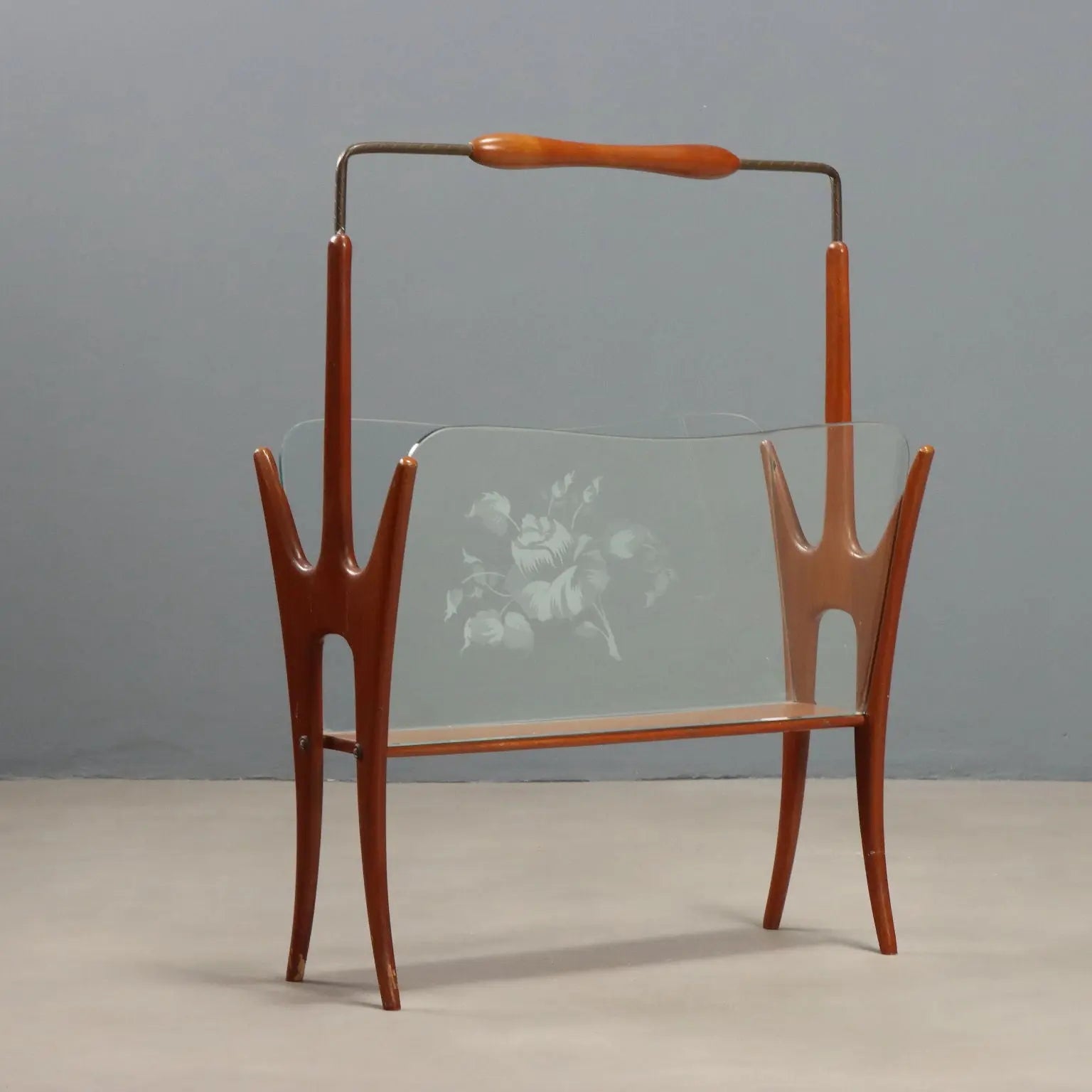 Vintage Magazine Rack Curved Wood Glass Design Italy 1950s