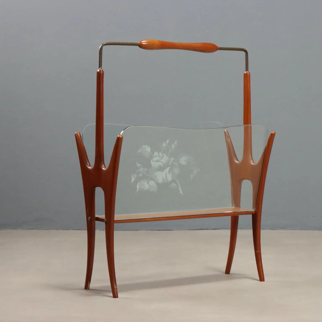 Vintage Magazine Rack Curved Wood Glass Design Italy 1950s