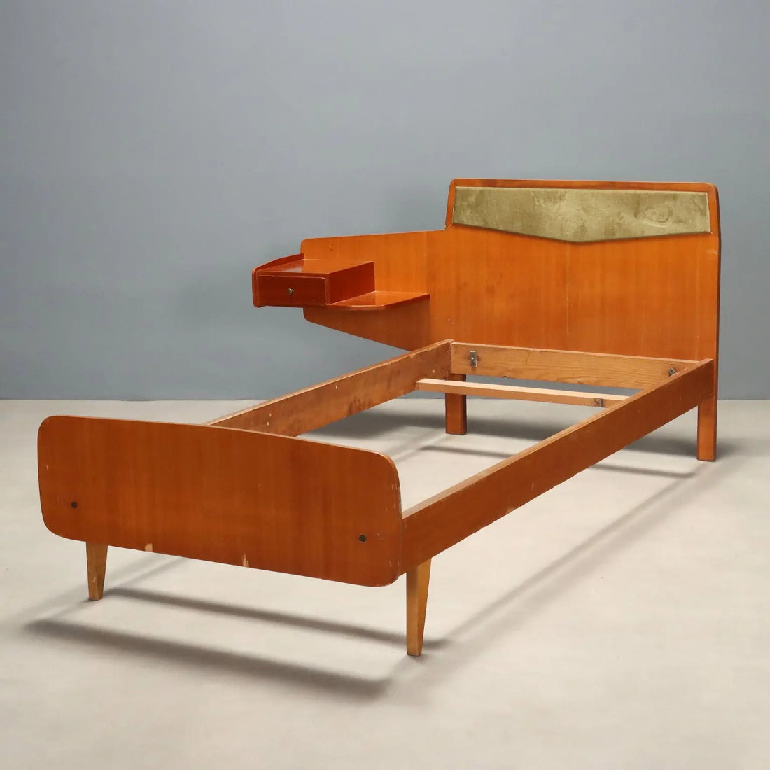 Vintage Single Bed Teak Fabric Design Italy 1960s