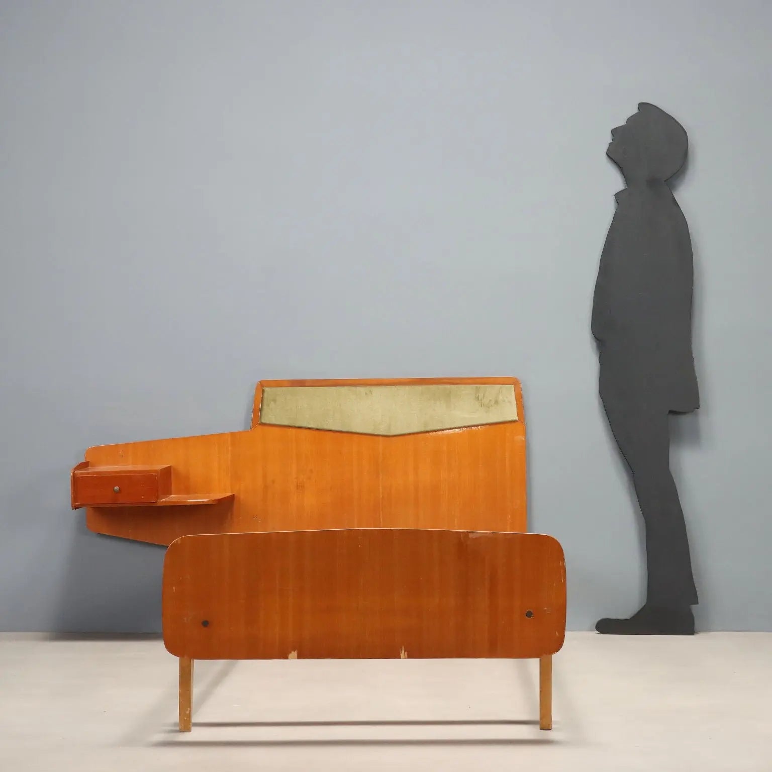 Vintage Single Bed Teak Fabric Design Italy 1960s